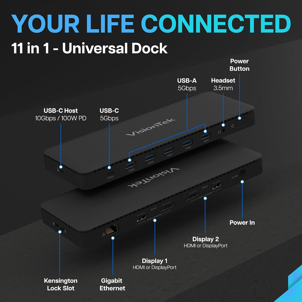 VisionTek VT4600DL Universal Dual 4K Docking Station 100W Charging (USB-A, USB-C)