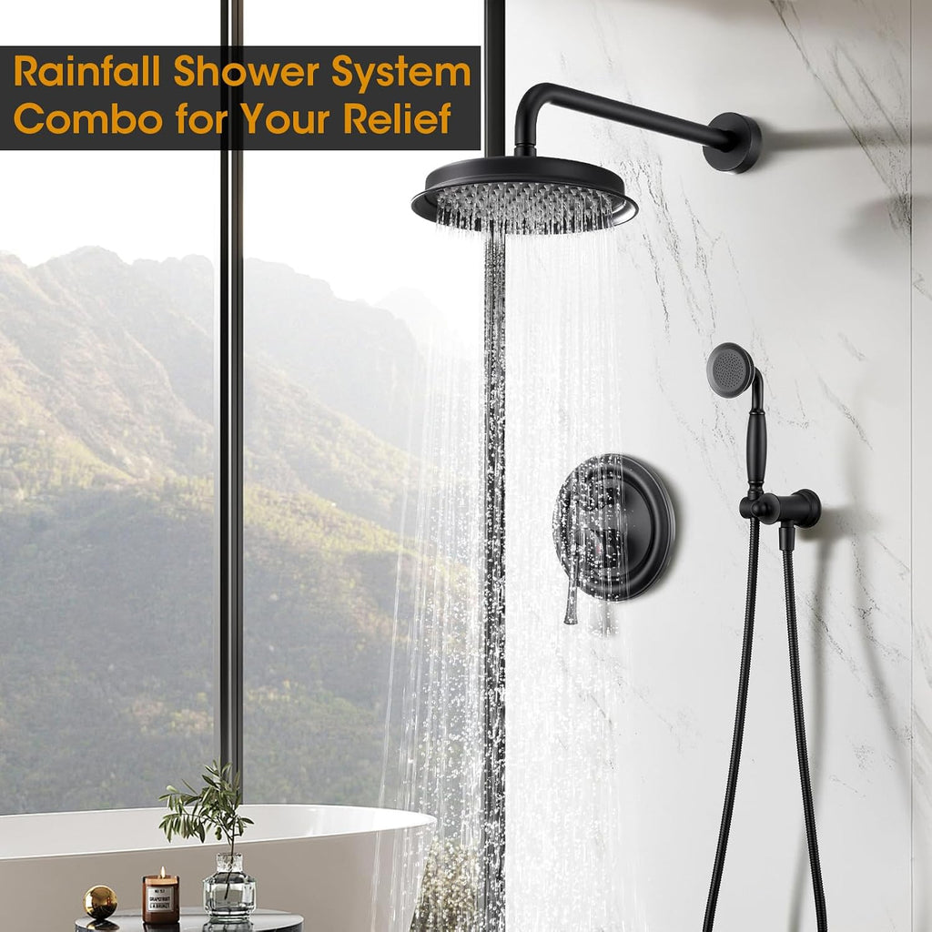 Antique Rain Shower Head with Handheld Spray, Matte Black Rain Shower System with Rough-in Balance Pressure Valve, 9 inch Bathroom Luxury Rain Fall Shower Head Wall Mount Round, (B2312-BK)