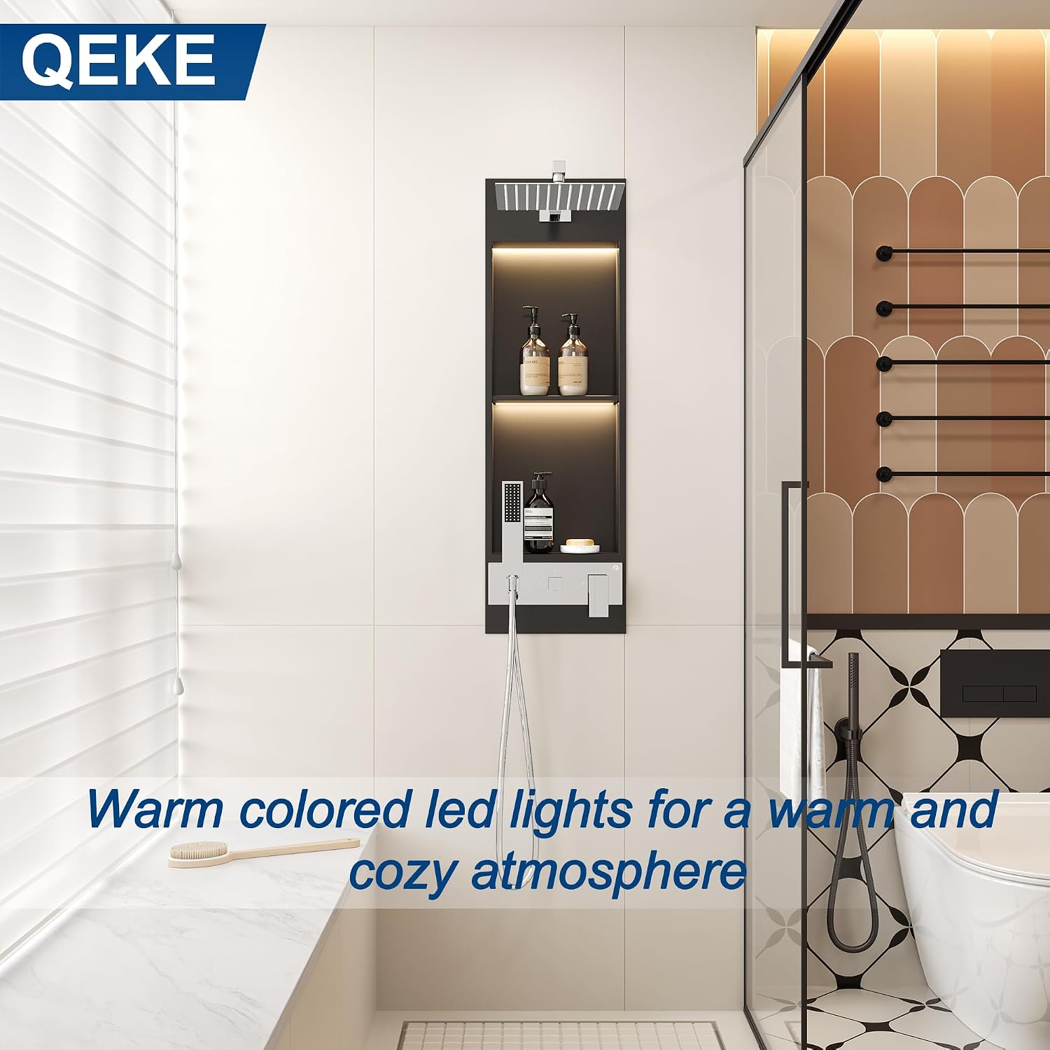 Integrated Shower Niche with Shower Head and Hand Shower, Qeke Stainless Steel Shower Tower System with Led Lights, 2-Tiers No Tile Needed Shower Niche for Bathroom in Gunmetal Black (Brushed Shower)