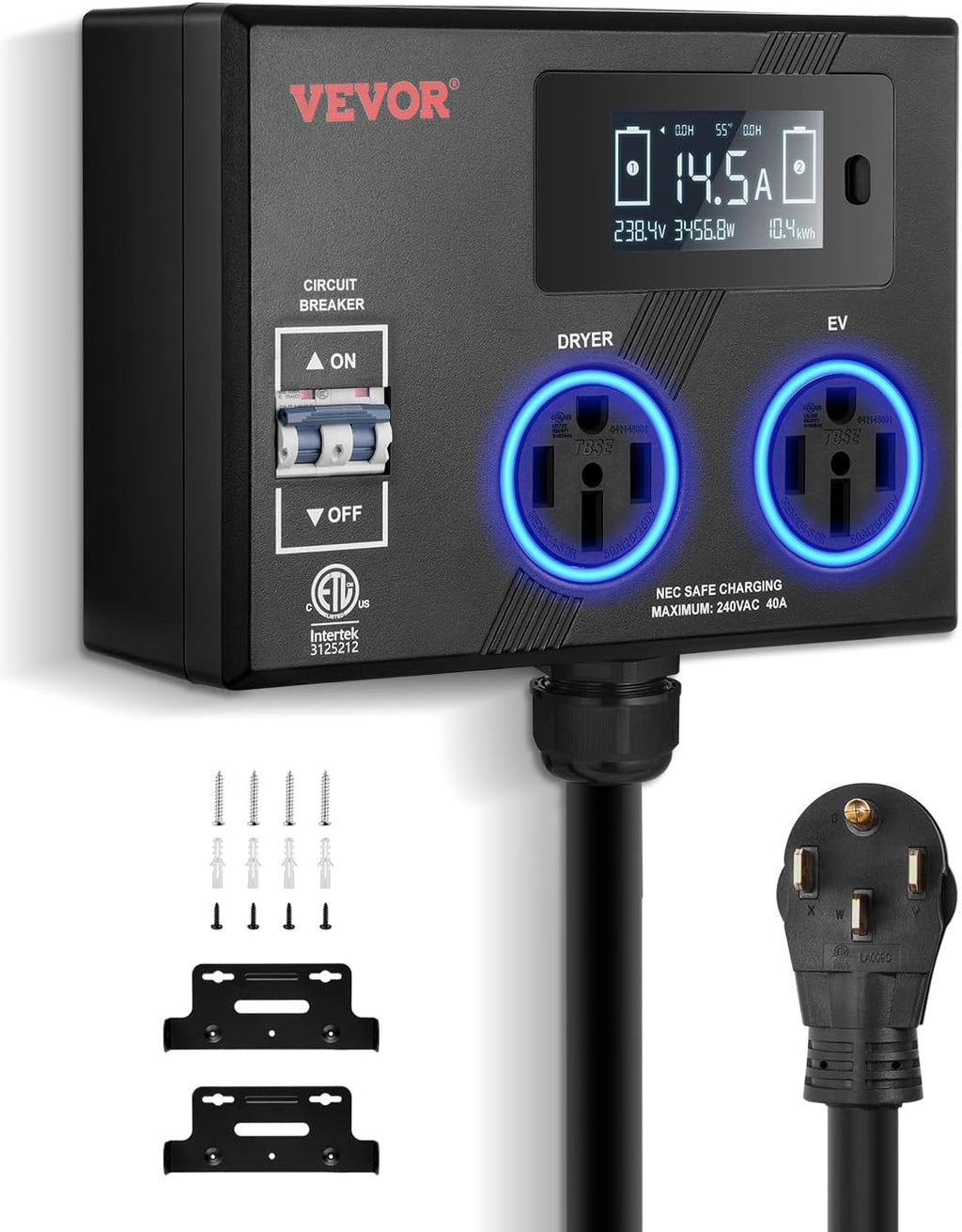 VEVOR NEMA Splitter for Dryer and EV, 3-Color LED Indicator, 240V Smart Power Distribution, with NEMA 14-50 Plug, Two NEMA 14-50 Outlets, 3.4 in LCD Screen, Max 40A Dryer EV, Tested to ETL Standard