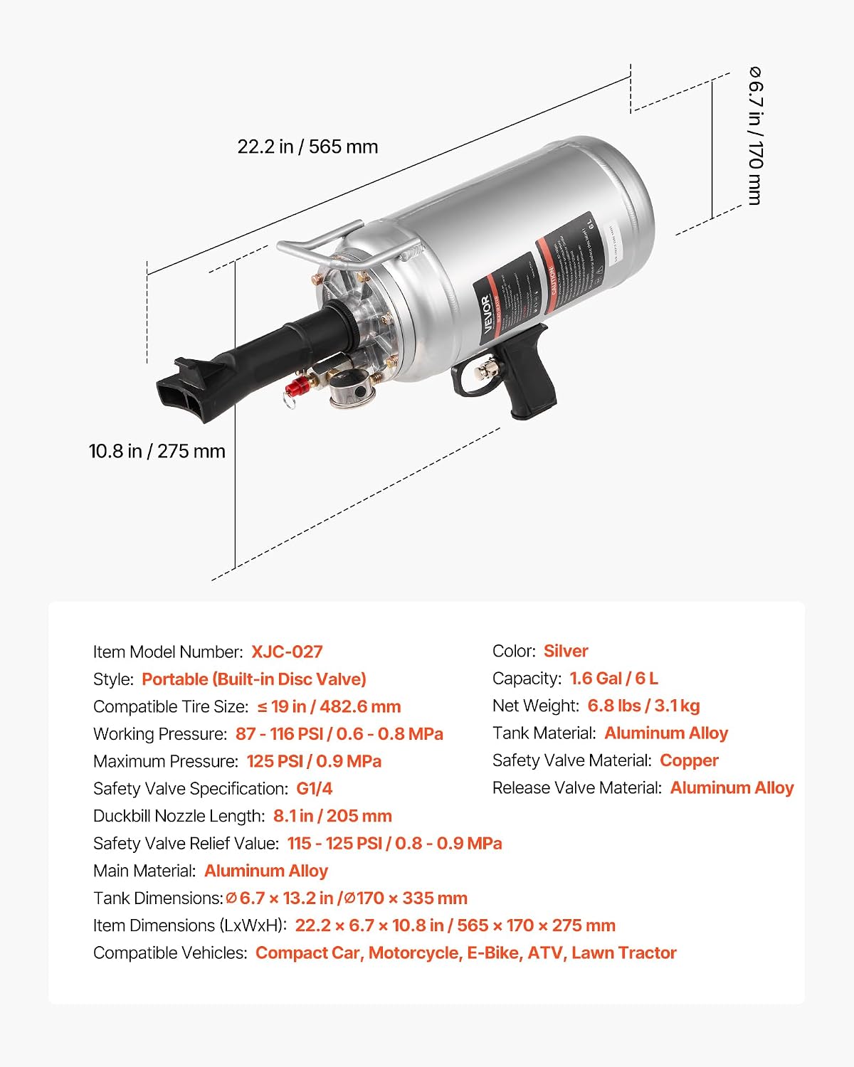 VEVOR Portable Tire Bead Seater, 1.6 Gal / 6 L Air Bead Blaster, Handheld Tire Inflator Tool, 87-116 PSI Operating Pressure, Trigger Seating Inflator for Car, Compact SUV, Light Truck, E-Bike, RV, ATV