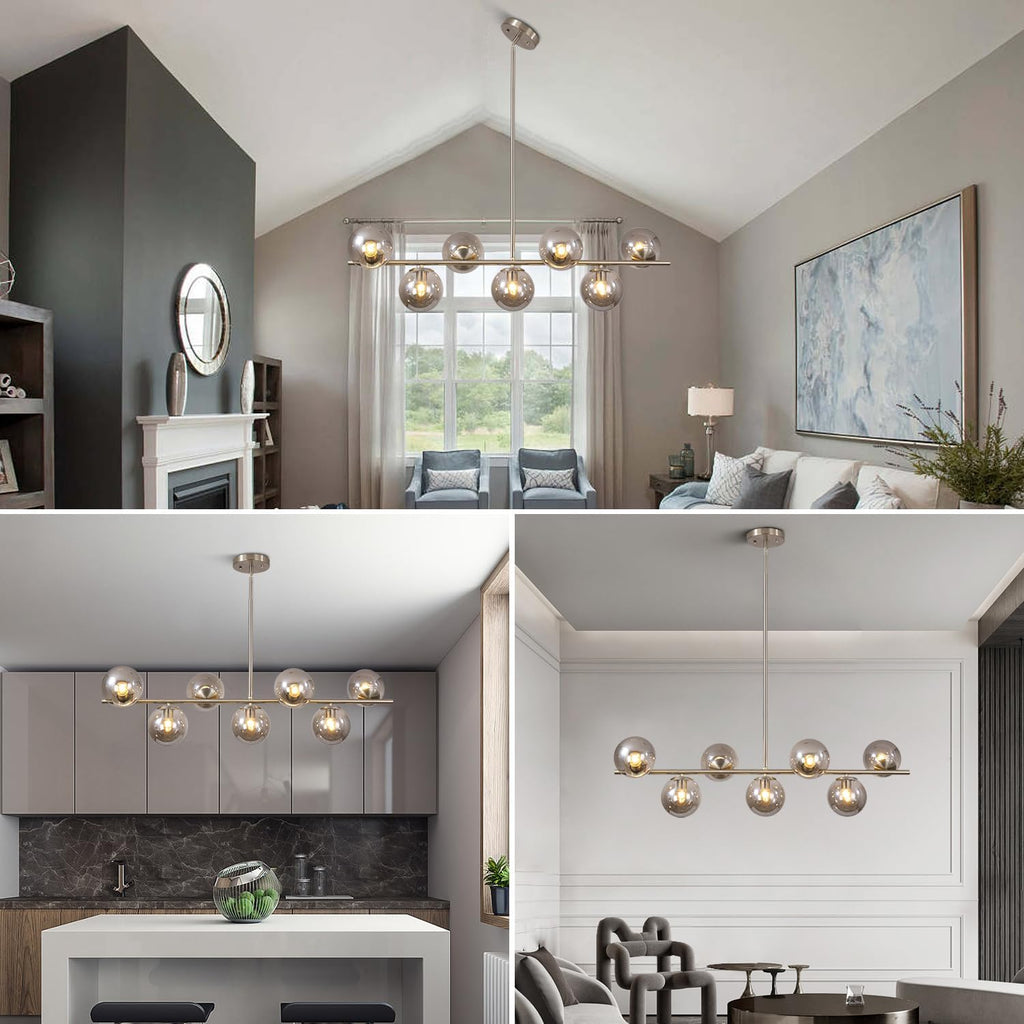 KCO Lighting MCM Brushed Nickel Linear Sputnik Chandeliers for Dining Room | 31.5' Rod for Sloped Ceiling, 7W 3000K E26 Bulb Included, Smoke Gray Glass Globe Pendant Light for Kitchen Island Living Room