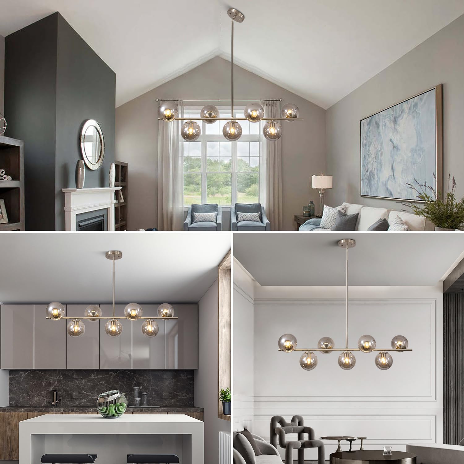 KCO Lighting MCM Brushed Nickel Linear Sputnik Chandeliers for Dining Room | 31.5' Rod for Sloped Ceiling, 7W 3000K E26 Bulb Included, Smoke Gray Glass Globe Pendant Light for Kitchen Island Living Room
