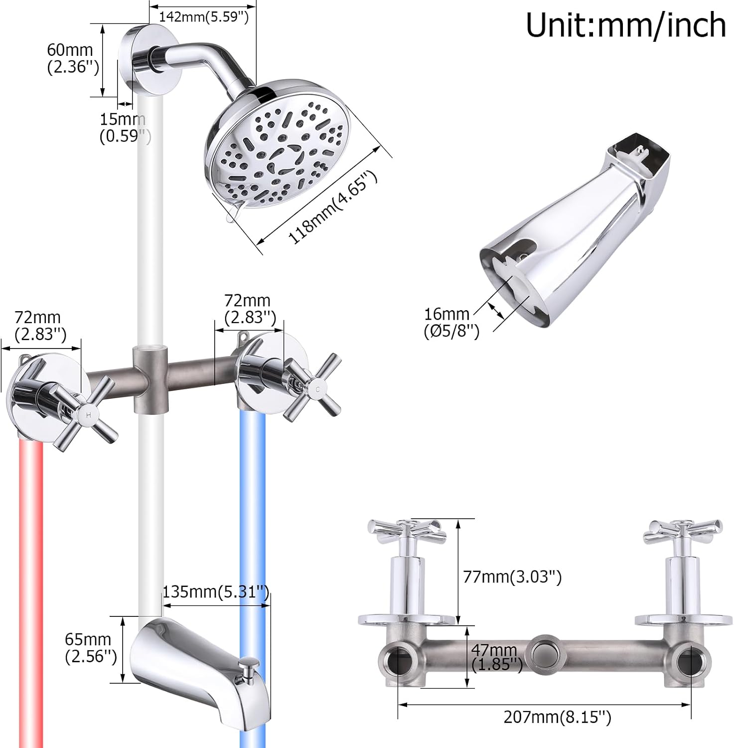 2 Handles Shower Faucet Set with Tub Spout,Bath Tub Shower Faucet Combo Set,2 Knobs Complete Tub and Shower Trim Kit with Valve,Wall Mounted,Chrome