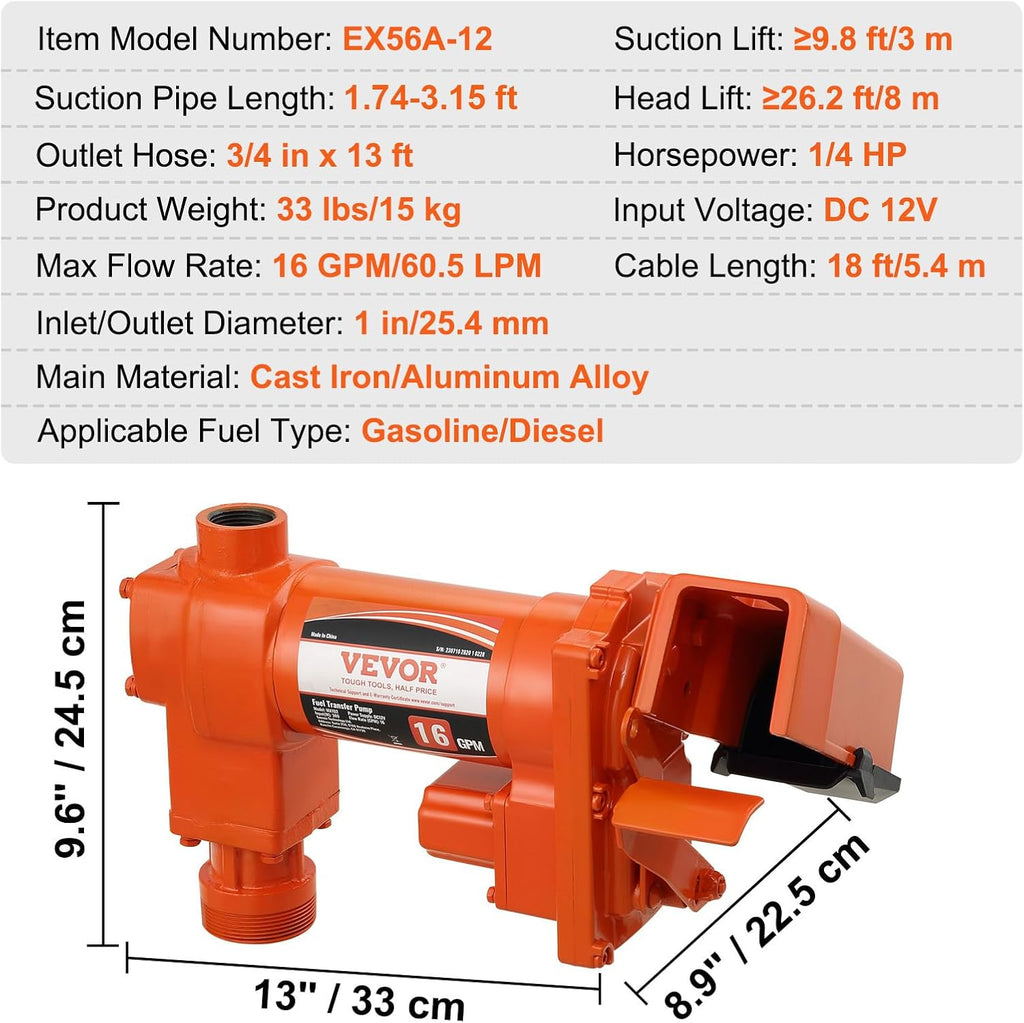 VEVOR Fuel Transfer Pump, 12V DC 16 GPM 1/4 HP, Gasoline Extractor Pump with Automatic Nozzle, Discharge Hose & Suction Pipe for Gasoline, Diesel, Kerosene, Ethanol & Methanol Blends, and Biodiesel