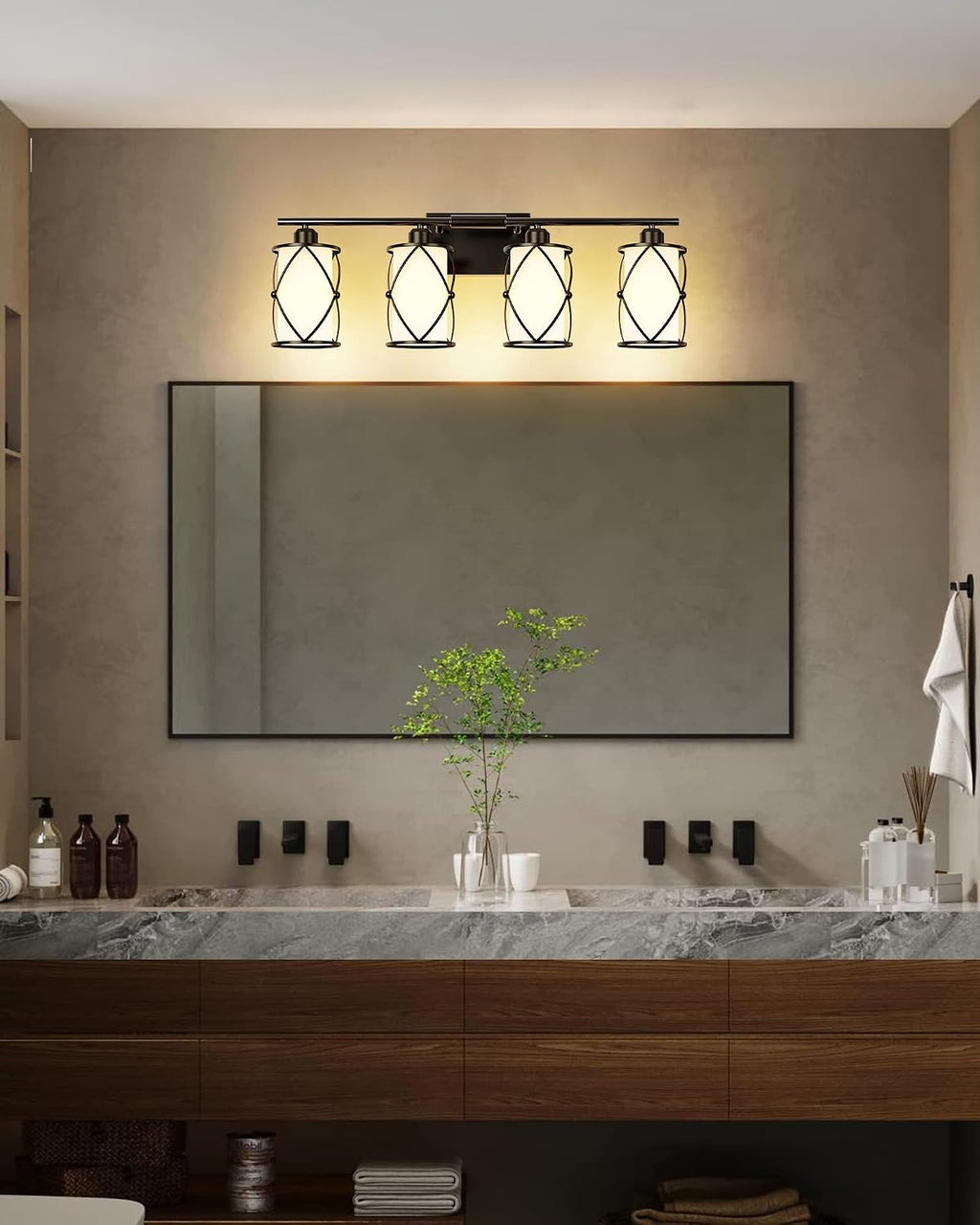 4-Light Black Bathroom Light Fixtures with Milk White Frosted Glass, 29' Modern Bathroom Vanity Lighting Fixtures Over Mirror with Metal Cage, Wall Sconce Lights for Bath, E26, CH9176BKW-4W