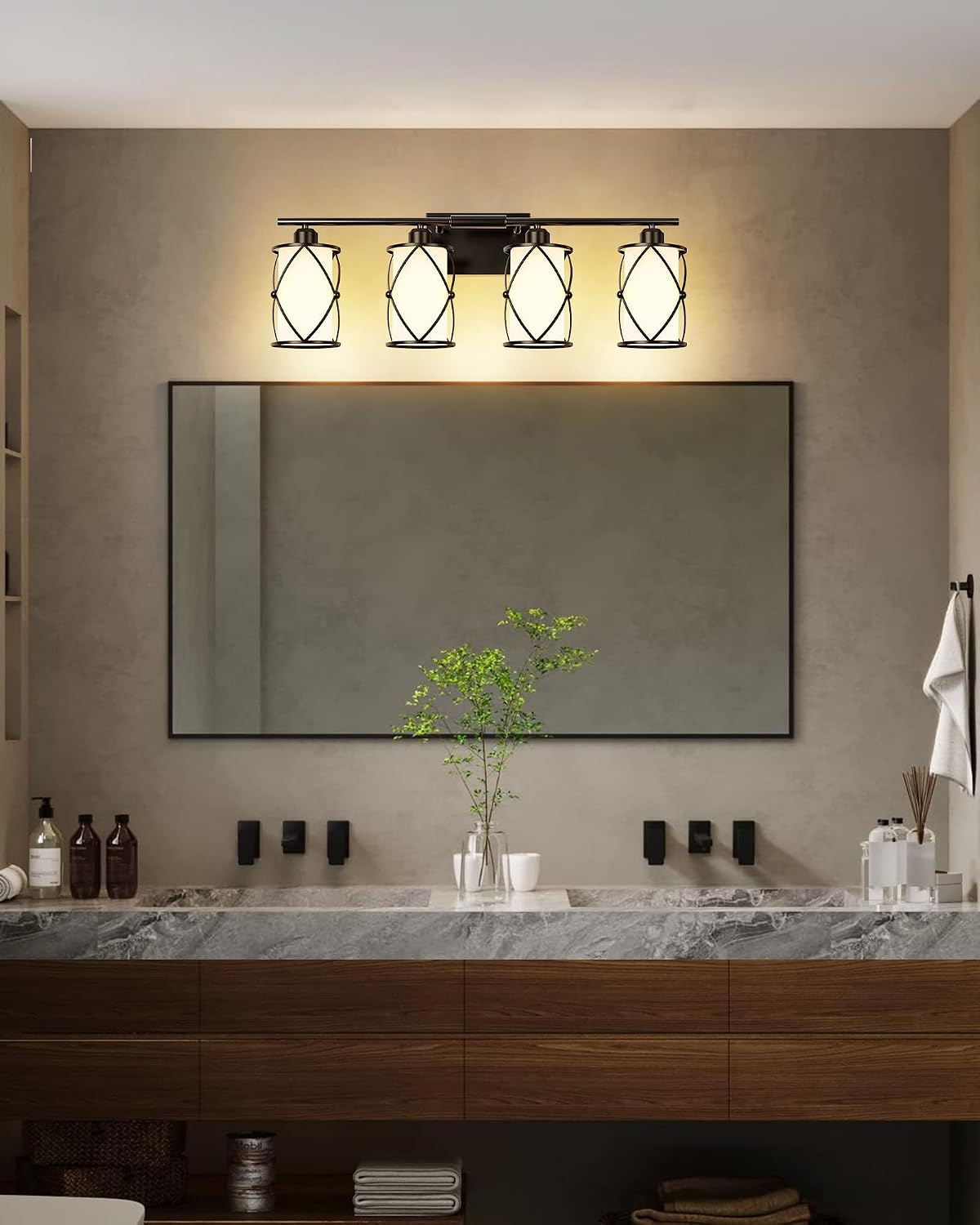 4-Light Black Bathroom Light Fixtures with Milk White Frosted Glass, 29' Modern Bathroom Vanity Lighting Fixtures Over Mirror with Metal Cage, Wall Sconce Lights for Bath, E26, CH9176BKW-4W