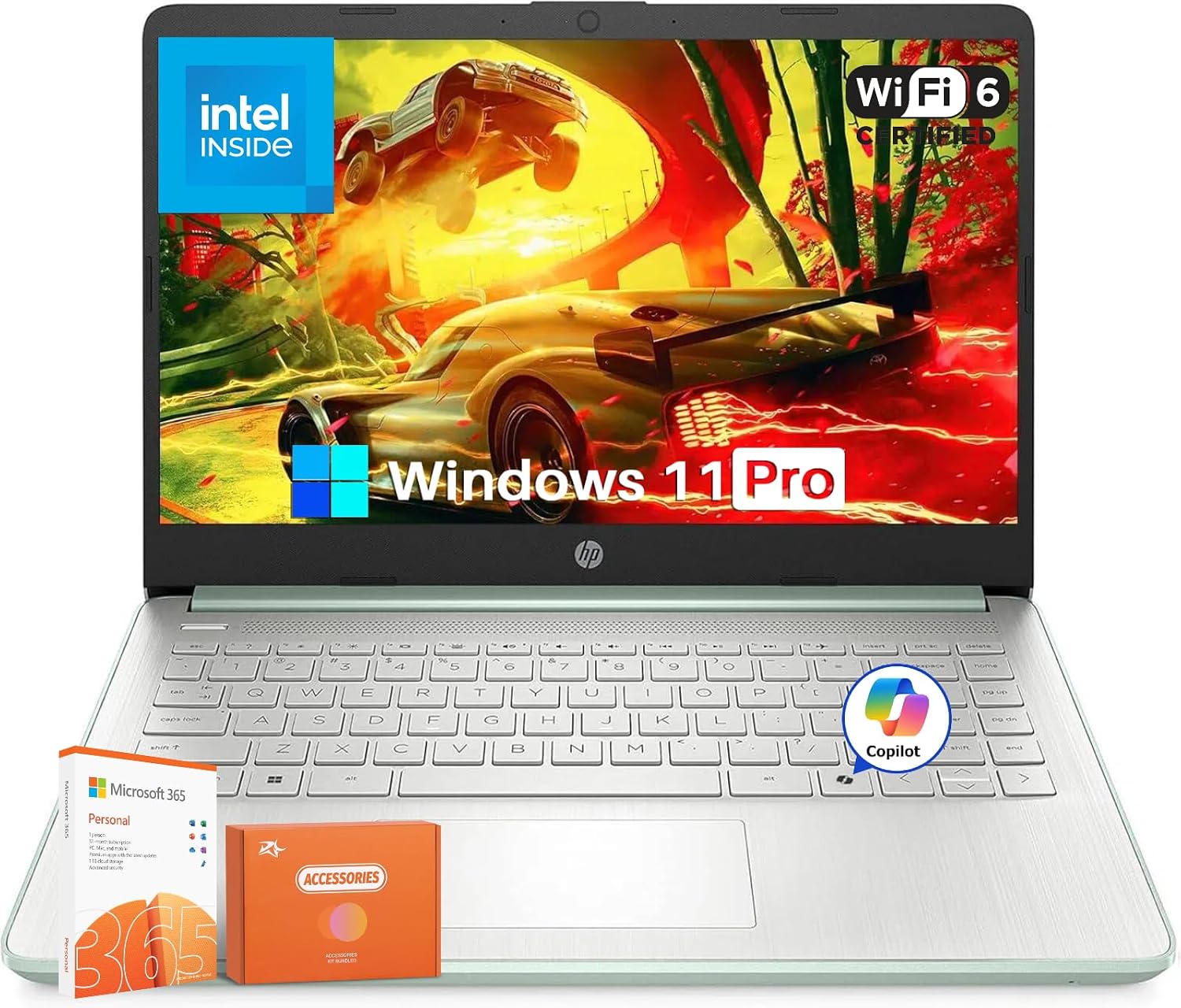 HP 14 Inch Student Business Laptop, Intel N150 CPU, 14' Anti-Glare, 4GB RAM, 384GB Storage(128GB UFS+256GB MSD), Wi-Fi 6, Copilot AI, 1 Year Microsoft 365, Willow Green, Windows 11 Pro,W/Mouse