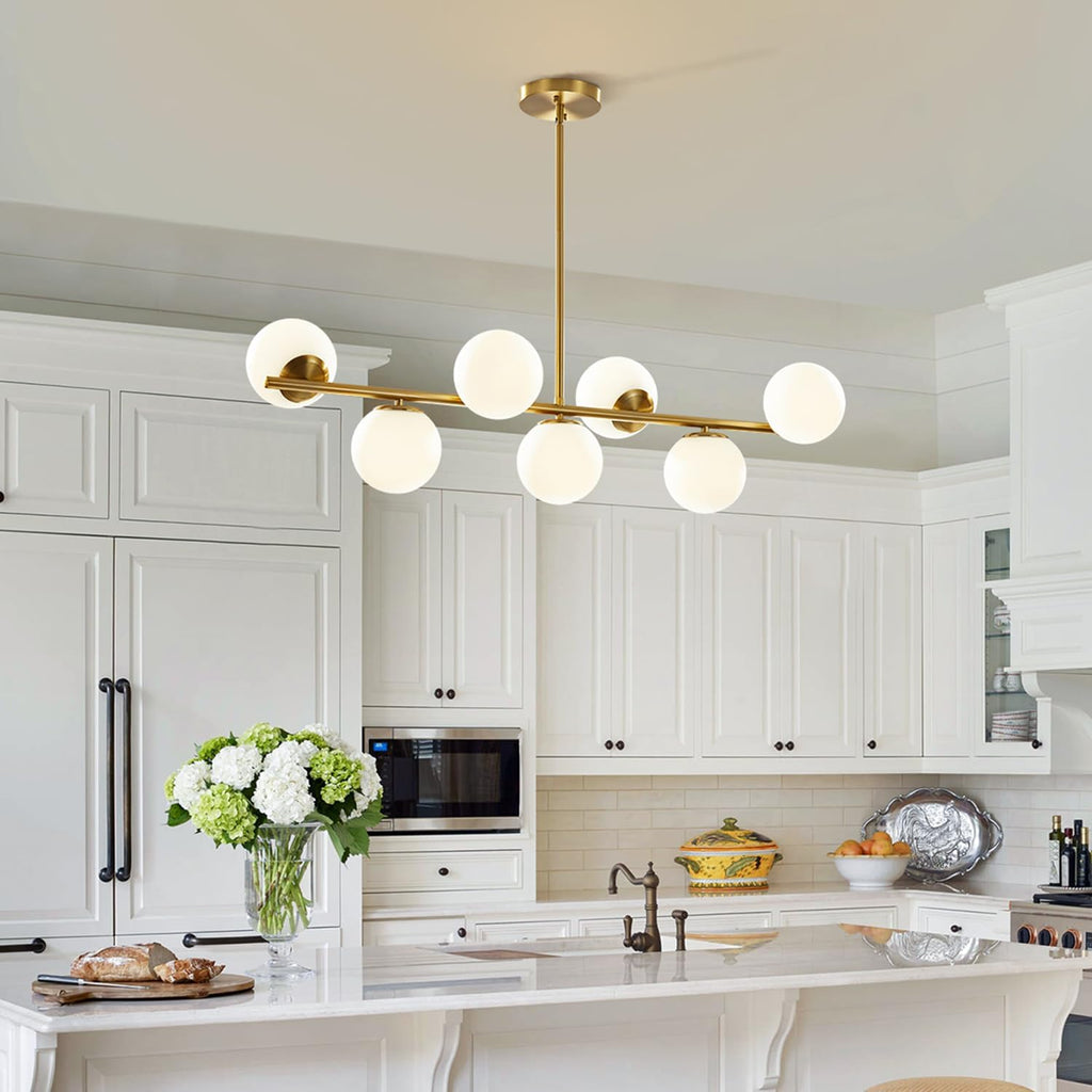 KCO Lighting Modern Brass Linear Chandelier Pendant Light 7-Lights Gold and White Glass Pendant Lighting Mid Century Globe Dining Light Fixture for Living Room Kitchen