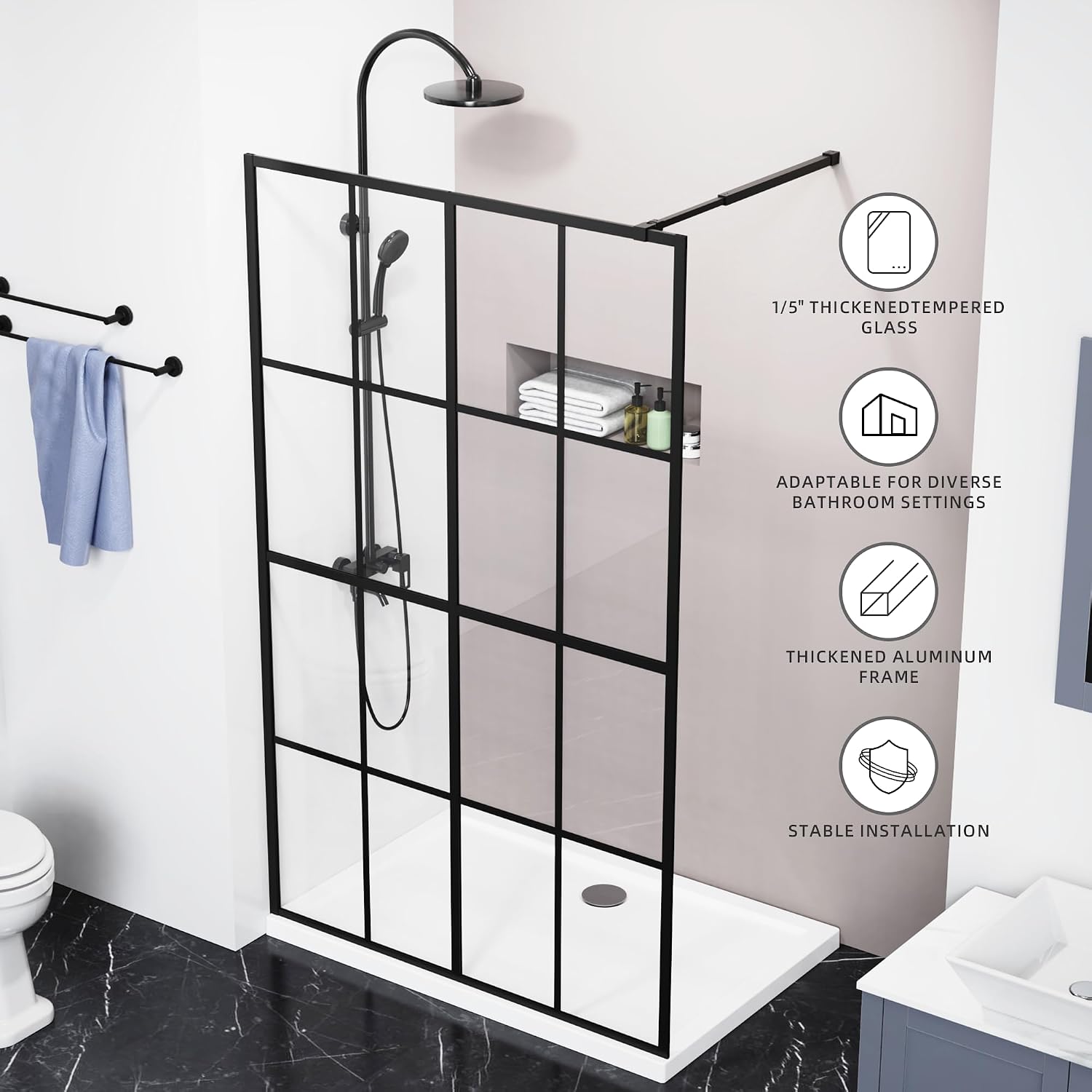 Goodyo 46' X 72' Shower Door Clear Tempered Glass Framed Shower Screen Walk-in Black Finish