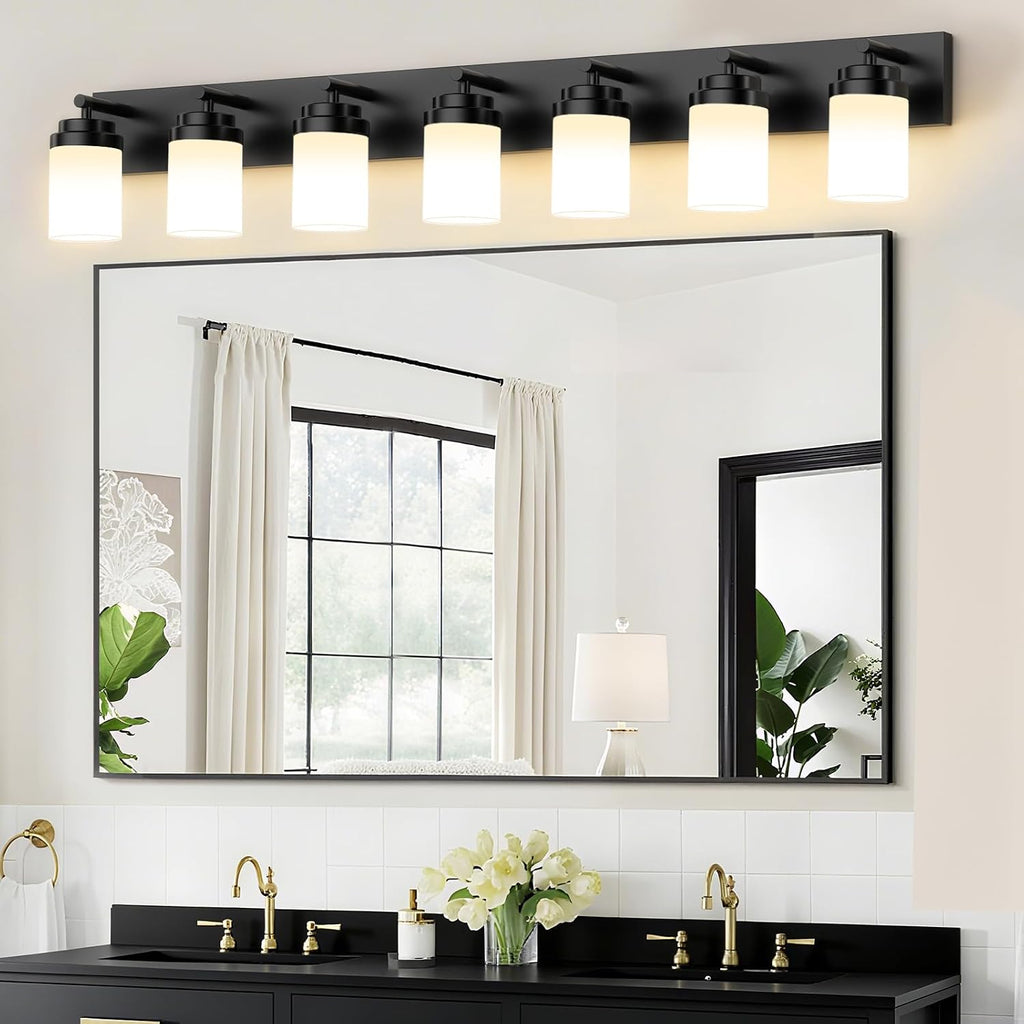 IZORRO Bathroom Vanity Light Fixture, 7-Light 52 inch Matte Black Bathroom Light Fixtures Over Mirror, with White Glass Shade, Modern Farmhouse Vanity Lights, Rustic Restroom Lighting Fixtures