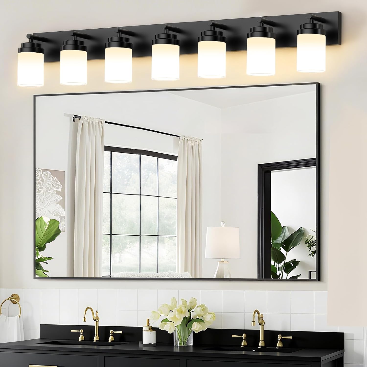 IZORRO Bathroom Vanity Light Fixture, 7-Light 52 inch Matte Black Bathroom Light Fixtures Over Mirror, with White Glass Shade, Modern Farmhouse Vanity Lights, Rustic Restroom Lighting Fixtures