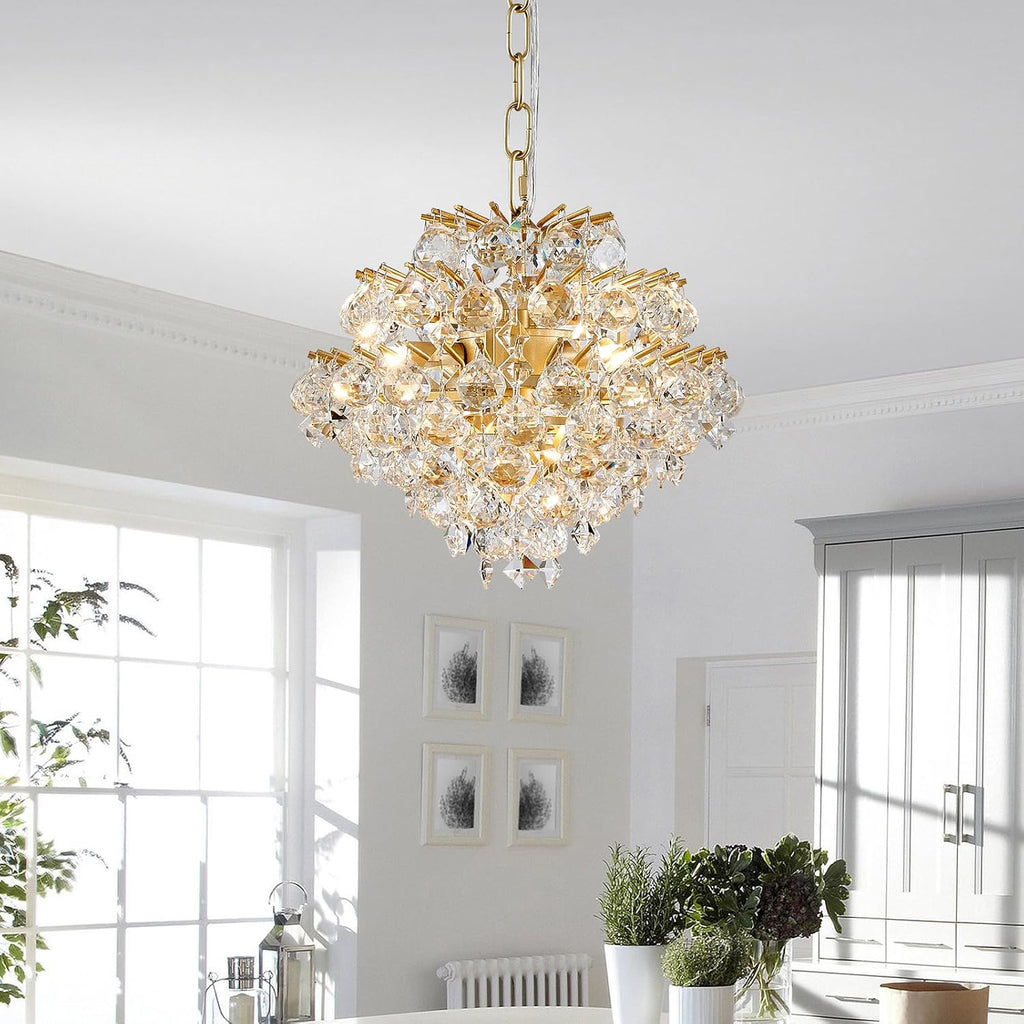 Bestier Gold Modern Pendant Chandelier Crystal Raindrop Lighting Ceiling Light Fixture Lamp for Dining Room Bathroom Bedroom Livingroom 4 G9 Bulbs Required D11 in x H12 in