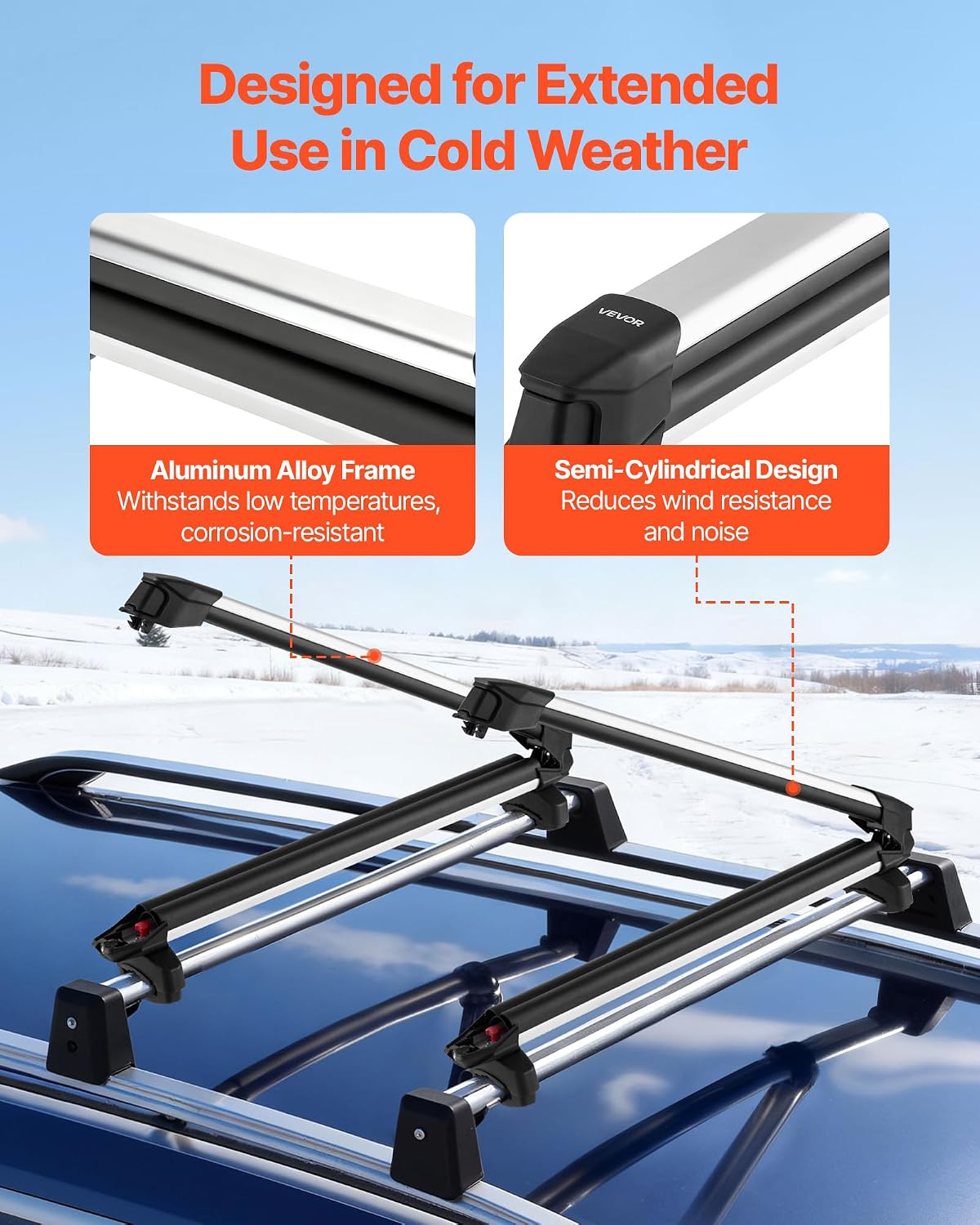 VEVOR Ski & Snowboard Roof Rack, Carry up to 6 Pairs of Skis or 4 Snowboards, 2 PCS Aluminum Universal Car Roof Rack Top Holder with Lock and Rubber Padding for Fishing Pole Rod, Fit Most Crossbars