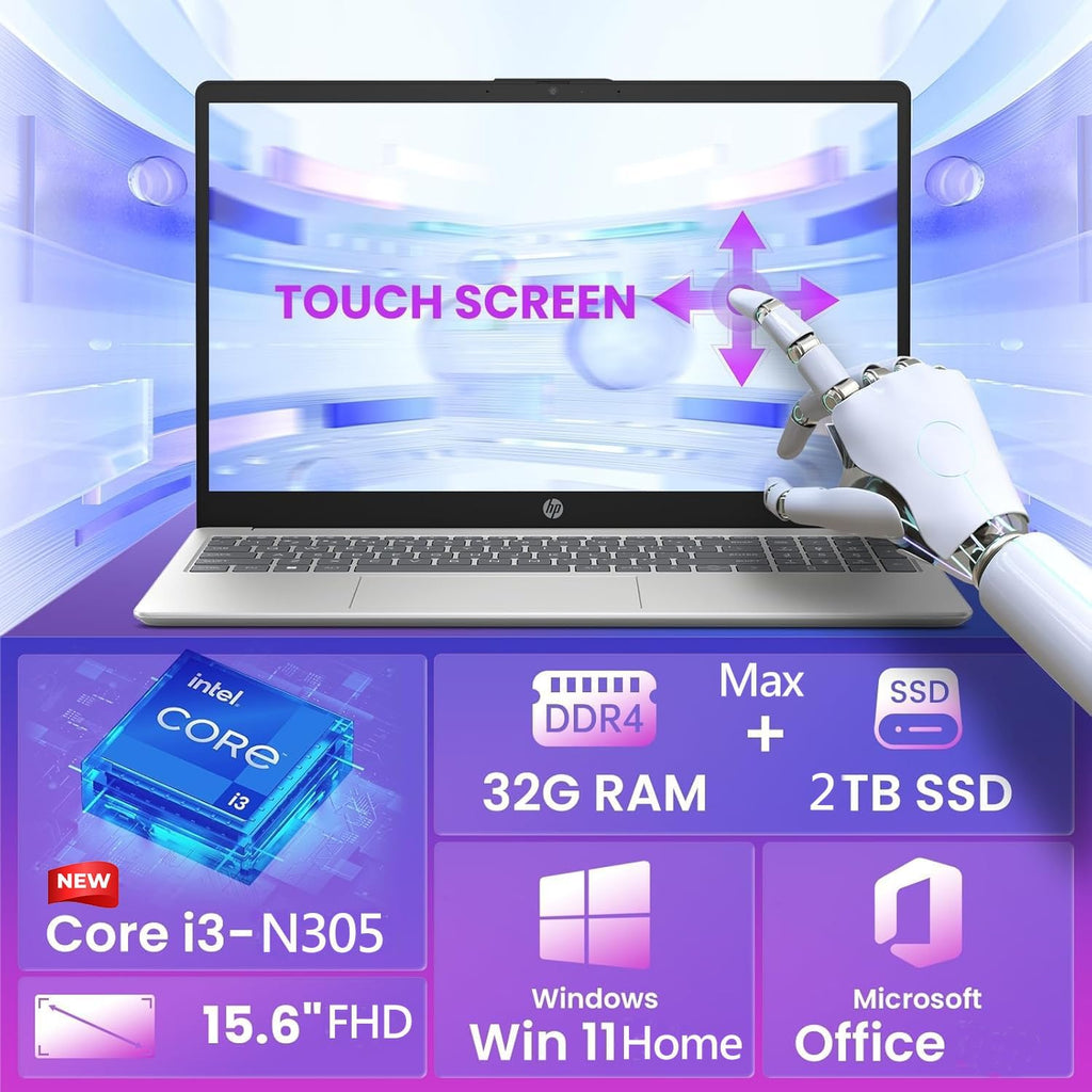 HP New 15.6' FHD Touchscreen Laptop 2025/2026 Model, Powerful 13th-Gen Intel Core i3 CPU (8-Core), 32GB RAM, 1TB SSD, USB-C, HDMI, Windows 11, Microsoft Office, Moonlight Blue, w/WOWPC USB
