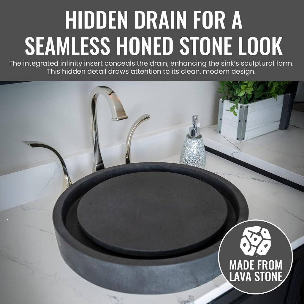 Eden Bath Round Infinity Pool Vessel Sink, Honed Black Lava Stone - Stylish Bathroom Sink
