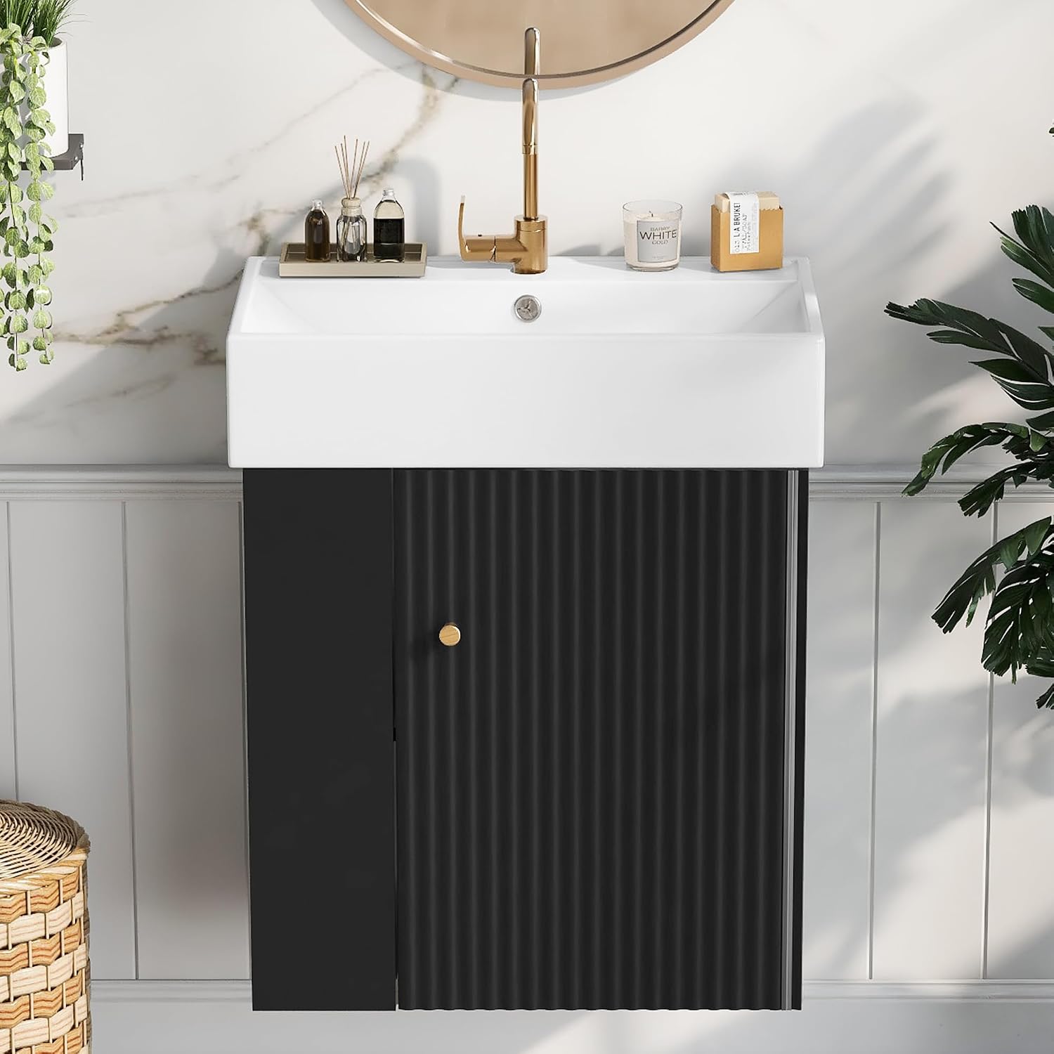 21.6-inch Bathroom Vanity with Sink, Wall-Mounted Vanity Cabinet with Storage Cabinet & Left Two-Tier Shelf, Solid Wood Bath Vanity Organizer with Ceramic Sink for Bathroom, Black