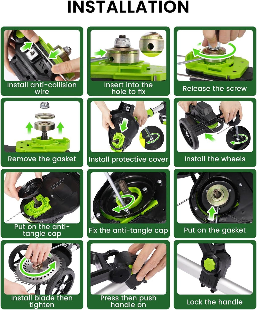 Electric Weed Wacker Cordless with Wheel, Brushless Grass Trimmer with 2 21V 4.0Ah Battery and Fast Charger, 3 Types of Blades String Trimmer, Weed Eater Battery Powered, Grass Cutter Machine