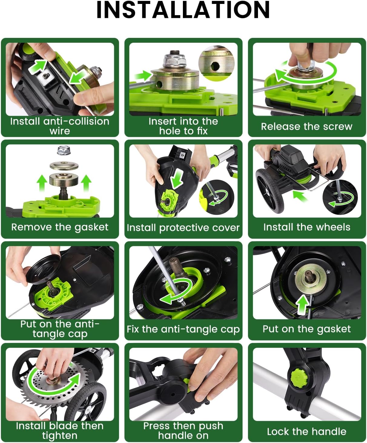 Electric Weed Wacker Cordless with Wheel, Brushless Grass Trimmer with 2 21V 4.0Ah Battery and Fast Charger, 3 Types of Blades String Trimmer, Weed Eater Battery Powered, Grass Cutter Machine
