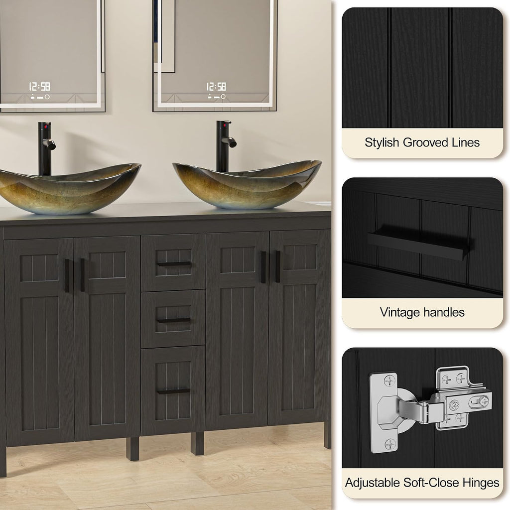UEV 48' Bathroom Vanity with Sink Combo,Modern Freestanding Sink Cabinet with 3 Drawers,Stylish Bathroom Vanity Cabinet,Grooved Door,Metal Handles,Vessel Sink (Champagne Boat, 48''Black)