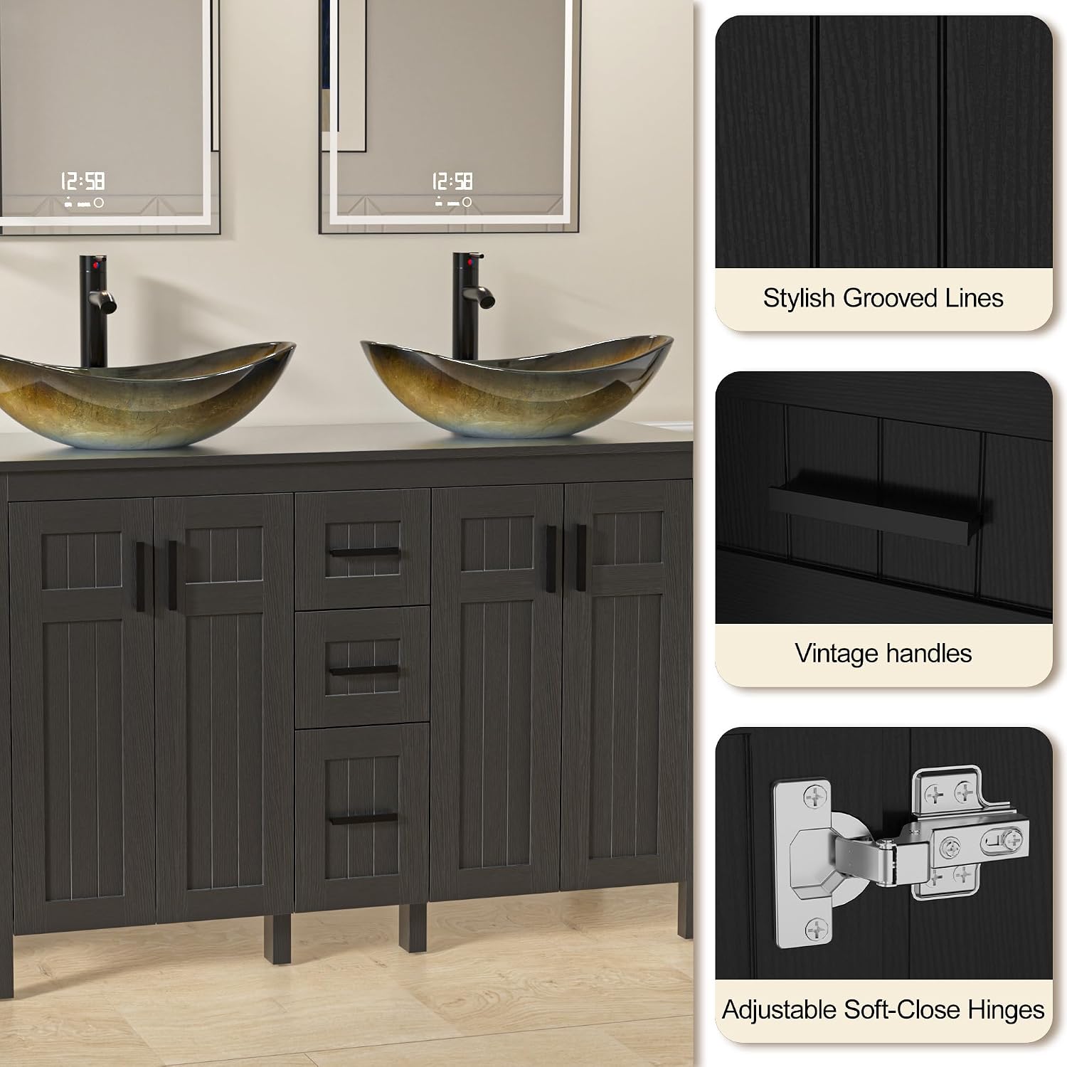 UEV 48' Bathroom Vanity with Sink Combo,Modern Freestanding Sink Cabinet with 3 Drawers,Stylish Bathroom Vanity Cabinet,Grooved Door,Metal Handles,Vessel Sink (Champagne Boat, 48''Black)