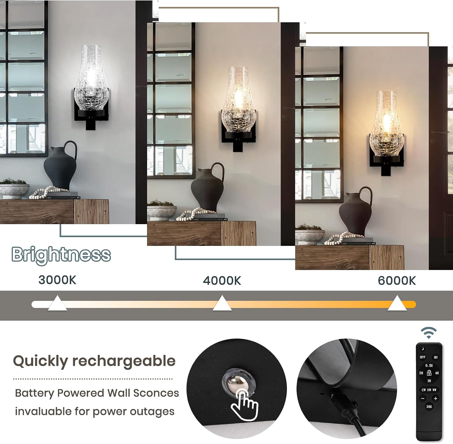Battery Operated Wall Sconces, Ice Crackle Glass Lampshade Rustic Wall Lights, Non-Hardwired Antique Kerosene Wall Lamps, Vintage Bedside Black Wall Sconces Sets of 2 for Bedroom, Hallway etc