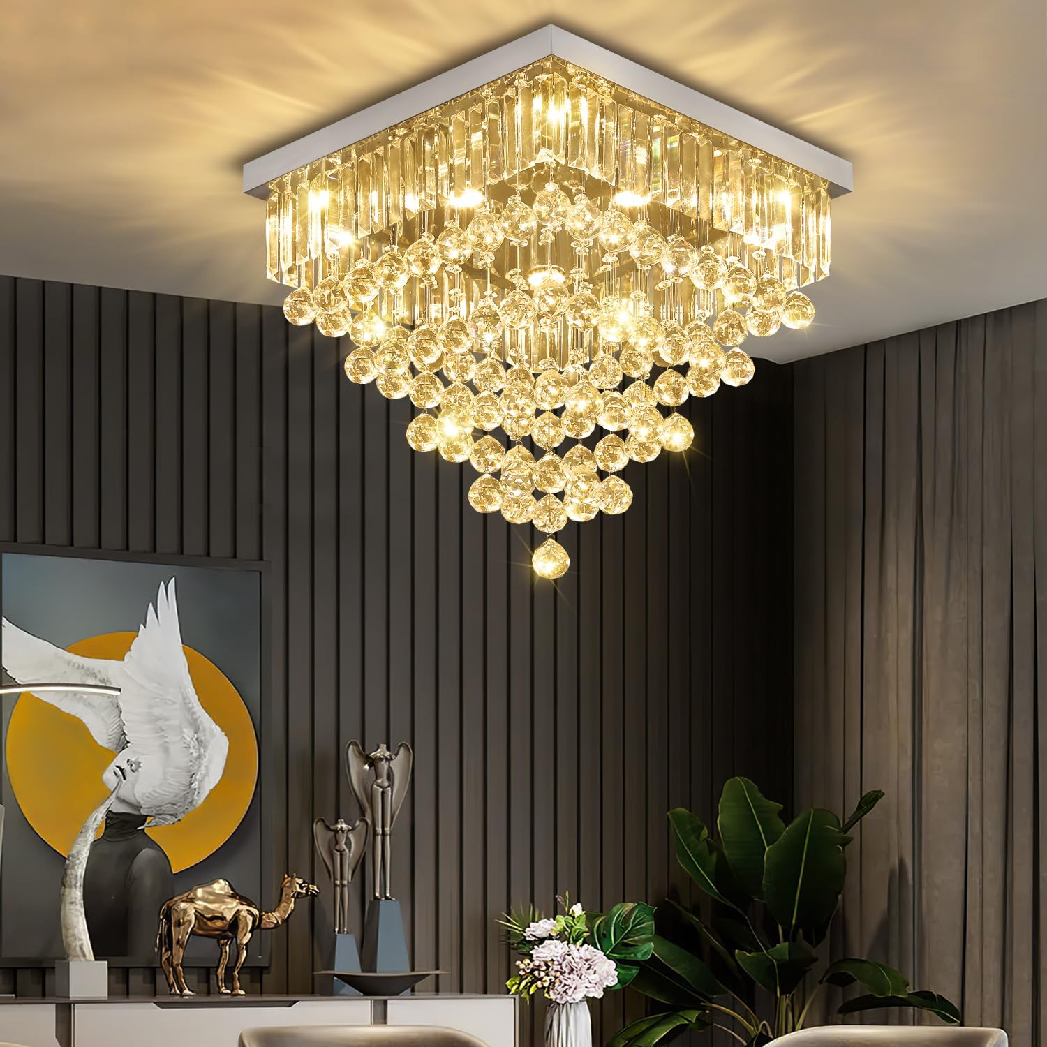 Luxury 20' Square K9 Crystal Flush Mount Chandelier, Modern Silver 6-Light LED Ceiling Light, Dimmable Chandeliers Fixture for Dining Room, Living Room, Bedroom, Entryway