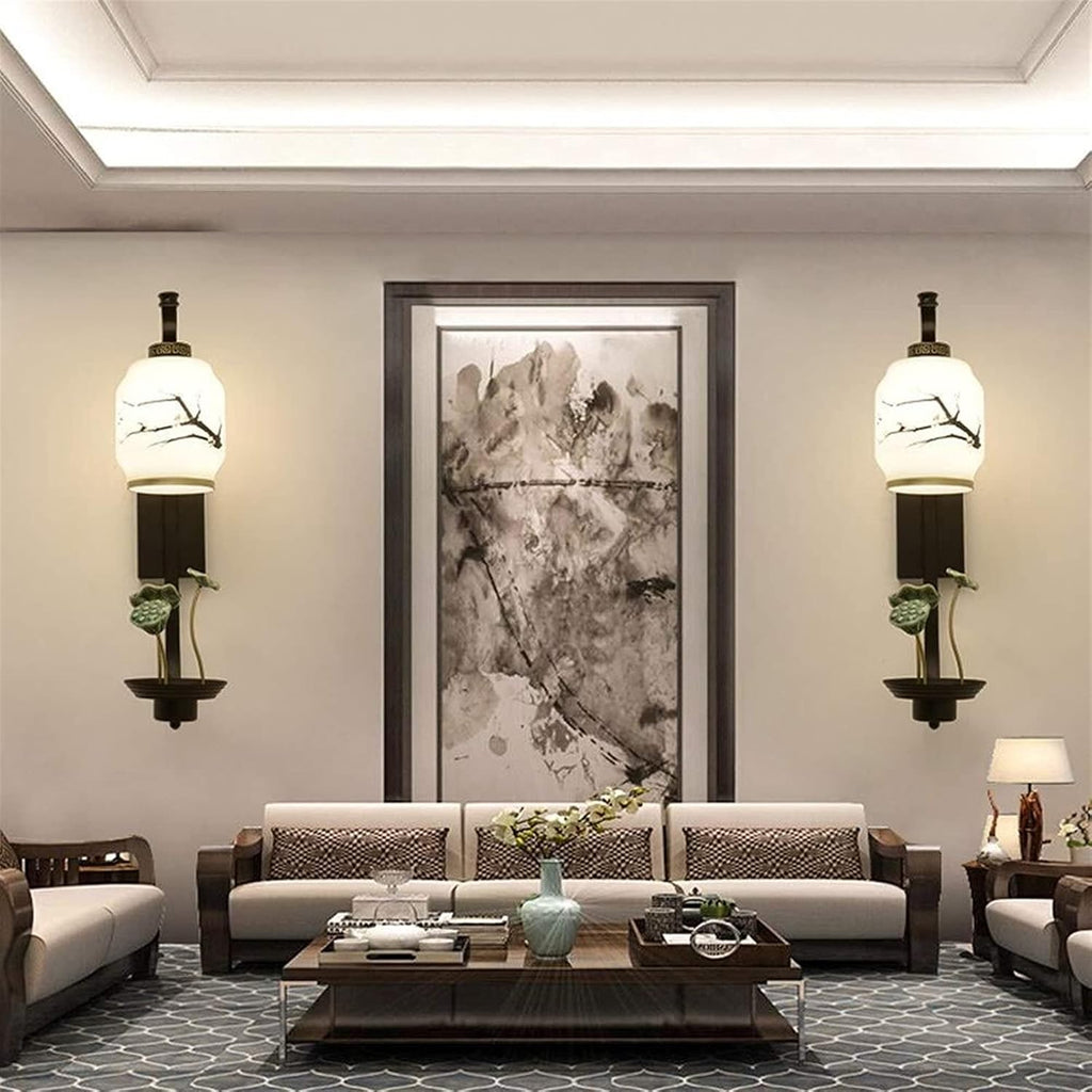 Modern Chinese Style Ceramic Lotus Simply Decorated Bedroom Bedside Lamp Wall Lamp Indoor Toilet Black Wrought Iron Fixtures Glass Lampshade 1 Light Source Aisle Stairs Corridor Wall Lamp 58 * 25c