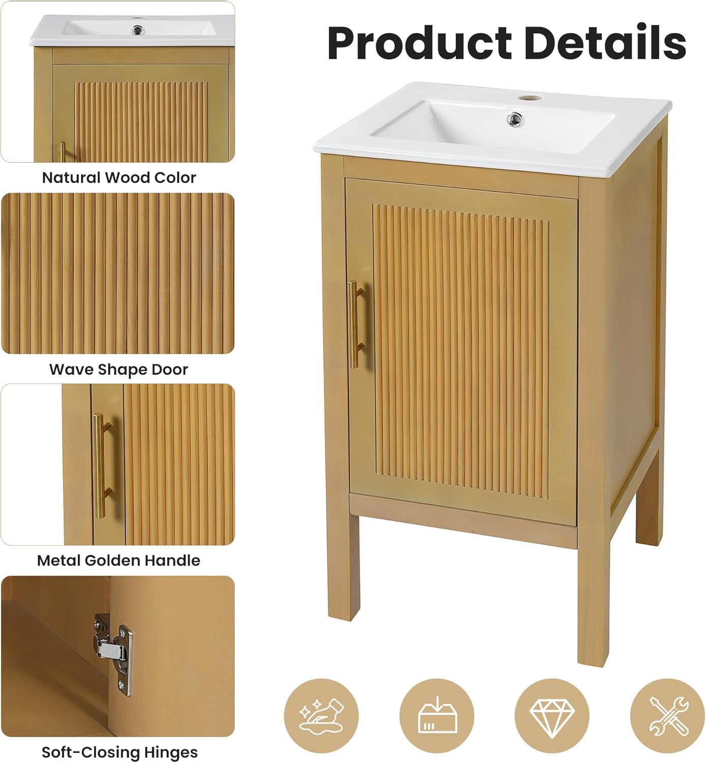 18-inch Bathroom Vanity with Sink Combo, Free-Standing Single Storage Cabinet with One Soft-Close & Adjustable Shelf, Modern Natural Wood Grain Vanity with Ceramic Basin for Bathroom (Natural)