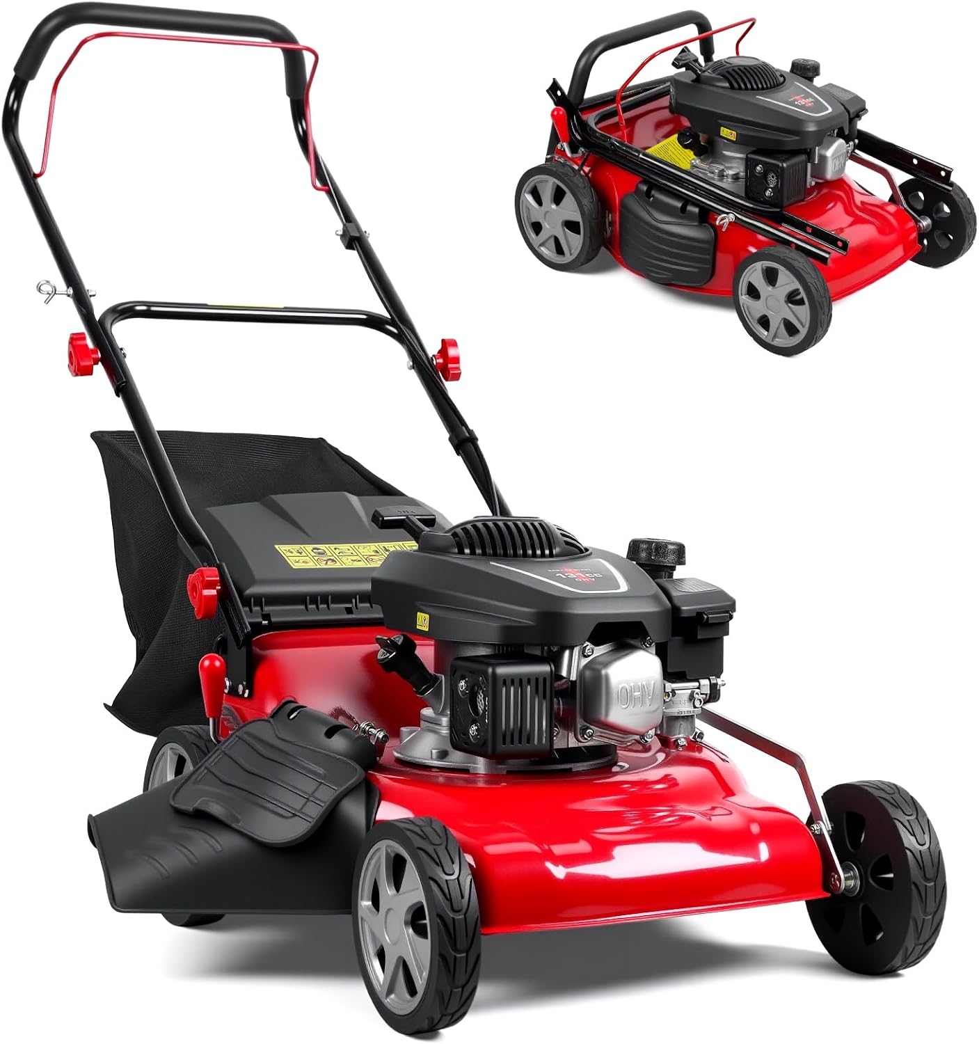 20 Inch Foldable Self Propelled Lawn Mower, 3-in-1 Gas Lawnmower with 133cc 4-Cycle Engine, Bagging, Mulching and Side Discharge, Adjustable 8-Positions Cutting Height, Easy Start Red