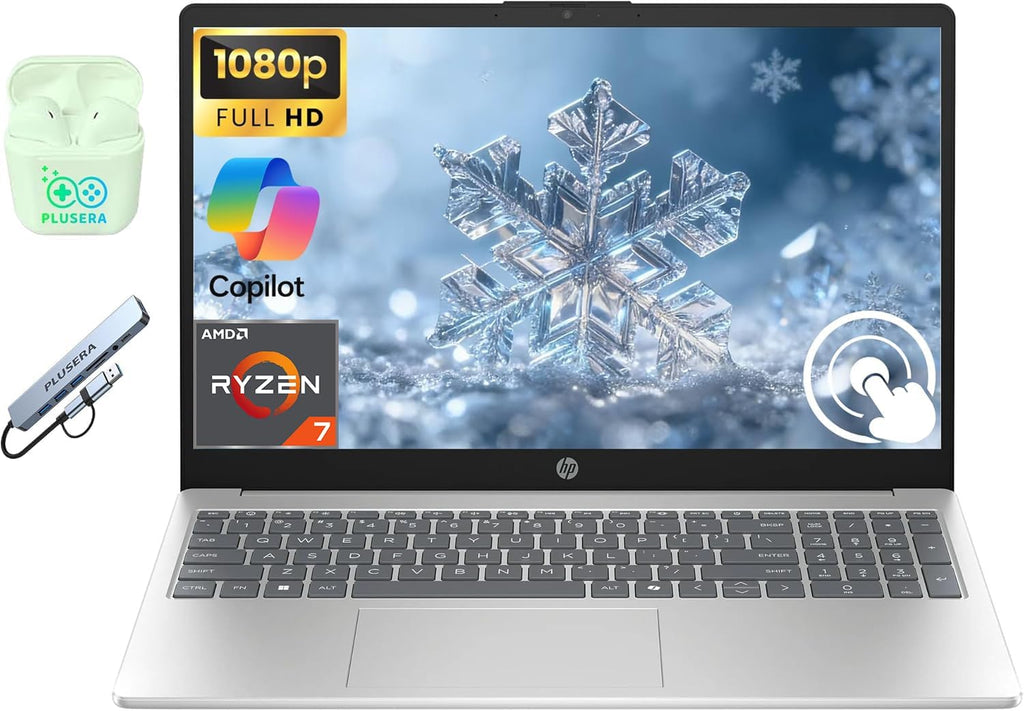 HP Laptop, 15.6' FHD Touchscreen Business Laptop Computer, 8-core AMD Ryzen 7 Processor, Windows 11 Laptop 64GB RAM 2.5TB Storage (2TB SSD+512GB Docking Set), PLUSERA Earphones, Natural Silver