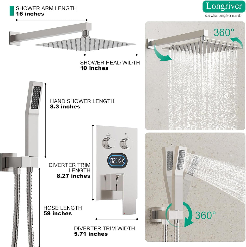 Push Button Diverter Shower Faucet Set Hydro Power Temperature Display, Shower System 10 Inch Shower Head with Handheld Spray, Wall Mounted Shower Fixtures with Valve and Trim Kit, Brushed Nickel
