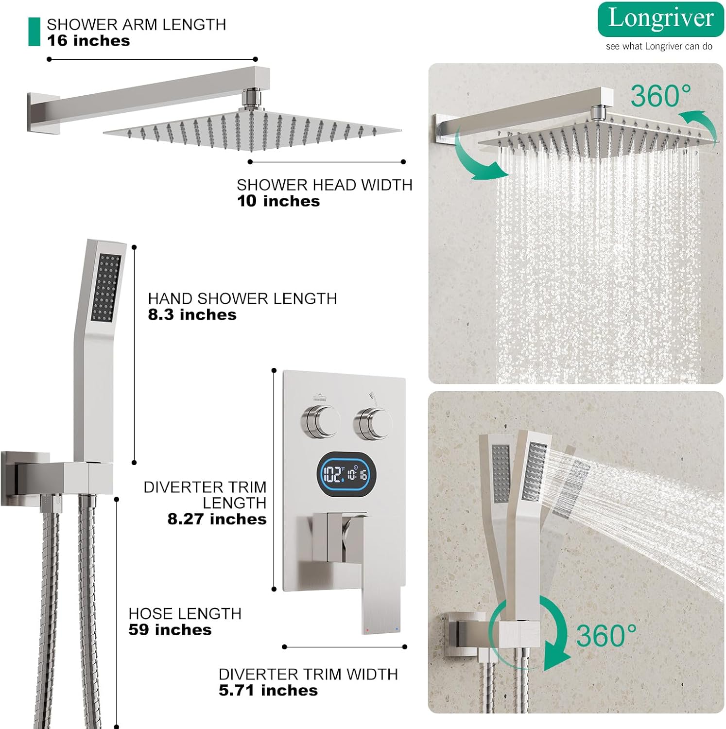 Push Button Diverter Shower Faucet Set Hydro Power Temperature Display, Shower System 10 Inch Shower Head with Handheld Spray, Wall Mounted Shower Fixtures with Valve and Trim Kit, Brushed Nickel