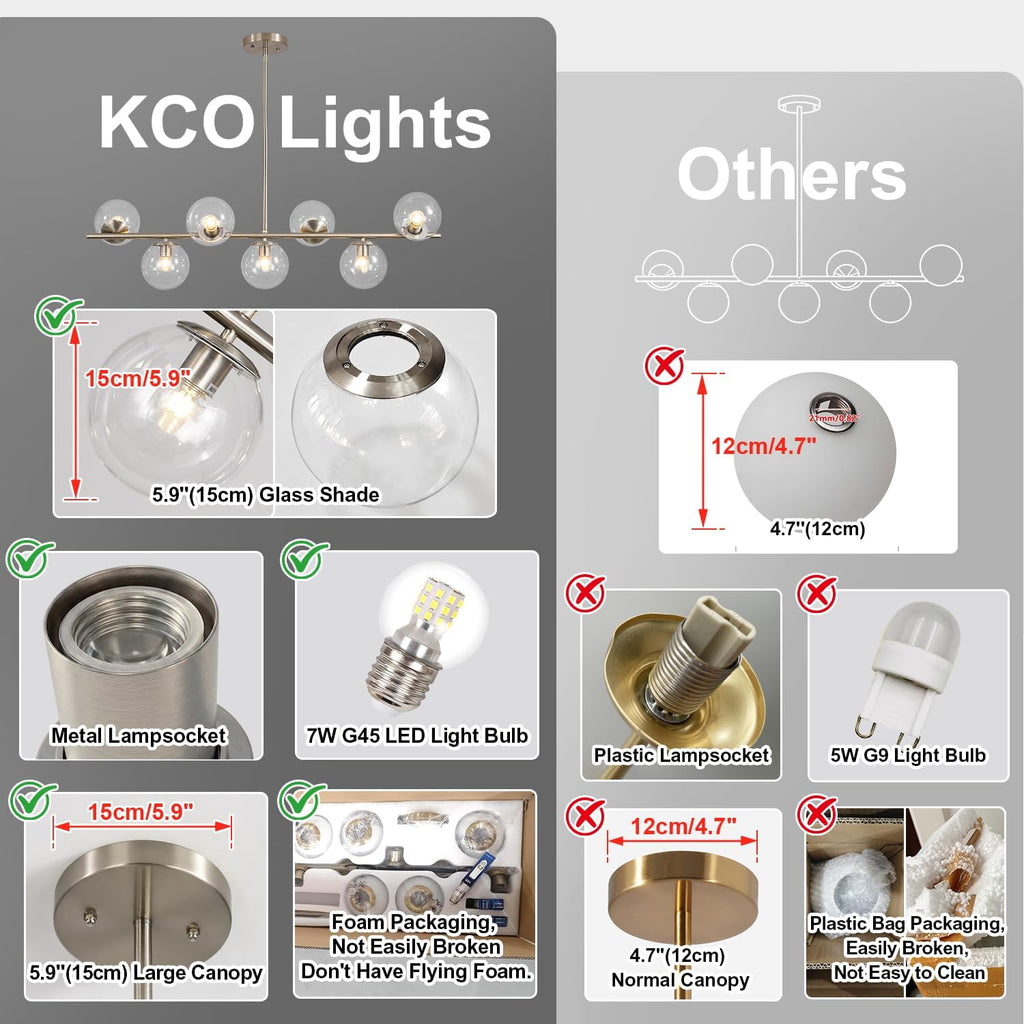 KCO Lighting Modern 7-Light Brushed Nickel Metal Large Chandelier Nordic Clear Glass Globe Farmhouse Pendant Light Silver Minimalist Adjustable Kitchen Island Hanging Ceiling Lights