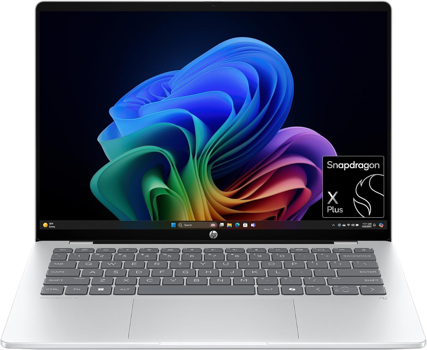HP OmniBook 5 14 inch Next Gen AI PC, 2K Touchscreen, Snapdragon X Plus X1P- 42-100, 16 GB RAM, 512 GB SSD, Qualcomm Adreno GPU, Windows 11 Home, Copilot+ PC, Glacier Silver, 14-he0000nr