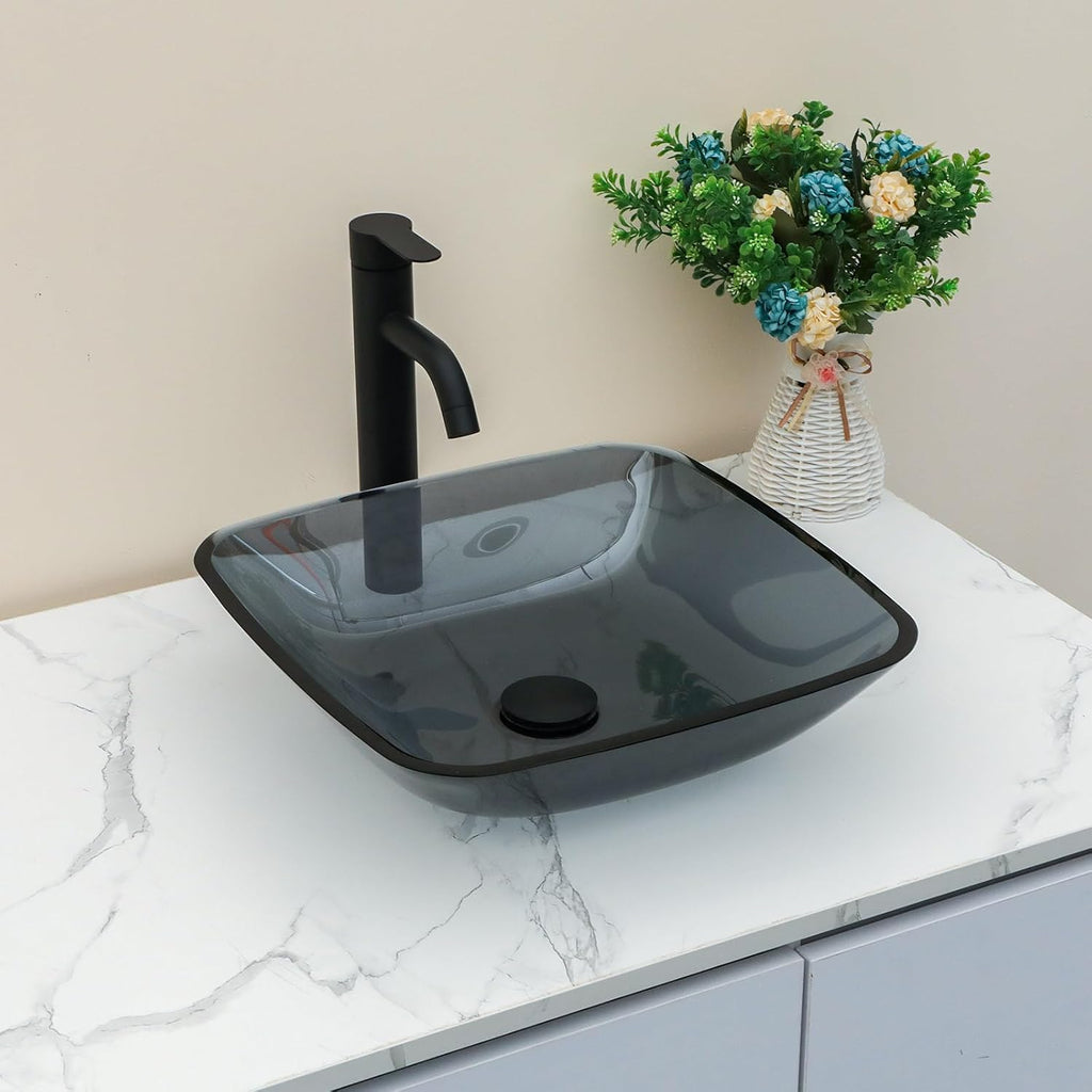 Sarlai Bathroom Vessel Sink Tempered Glass Bowl Vessel Sink with Pop-up Drain Combo 16x16 Inch Grey Rectangular Countertop Bathroom Sink Basin