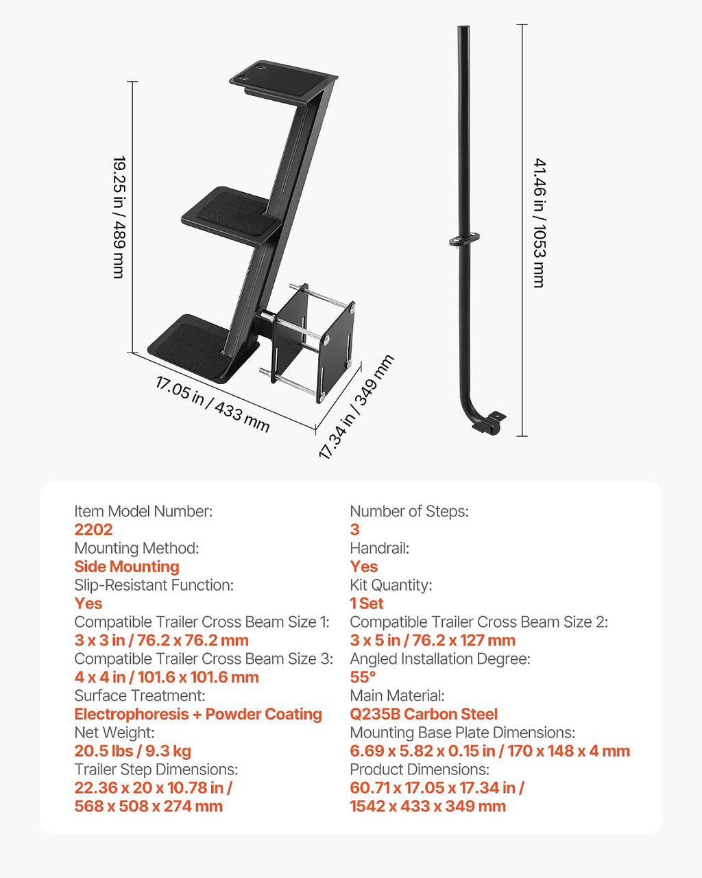 VEVOR Boat Trailer Steps, 3-Step, Heavy-Duty Boat Trailer Steps with Handle, Non-Slip Surface, 3 Mounting Angle Options, Carbon Steel Ladder Suitable for 3' x 3'/3' x 5'/4' x 4' Frame, Side Mounting
