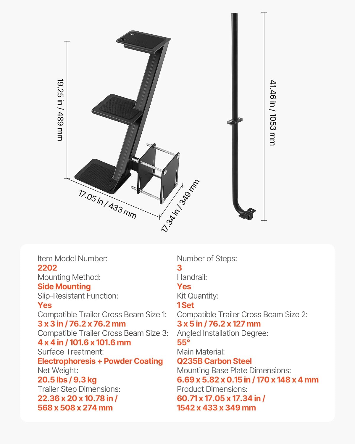 VEVOR Boat Trailer Steps, 3-Step, Heavy-Duty Boat Trailer Steps with Handle, Non-Slip Surface, 3 Mounting Angle Options, Carbon Steel Ladder Suitable for 3' x 3'/3' x 5'/4' x 4' Frame, Side Mounting
