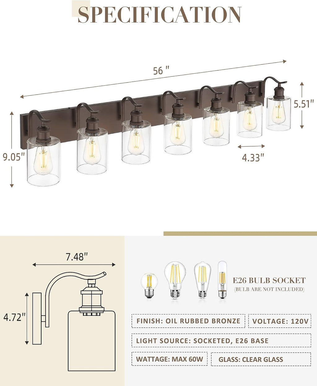Bathroom Vanity Light Fixtures 8-Light Clear Glass Modern Wall Mounted Over Mirror Oil Rubbed Bronze - VL01ORB-8