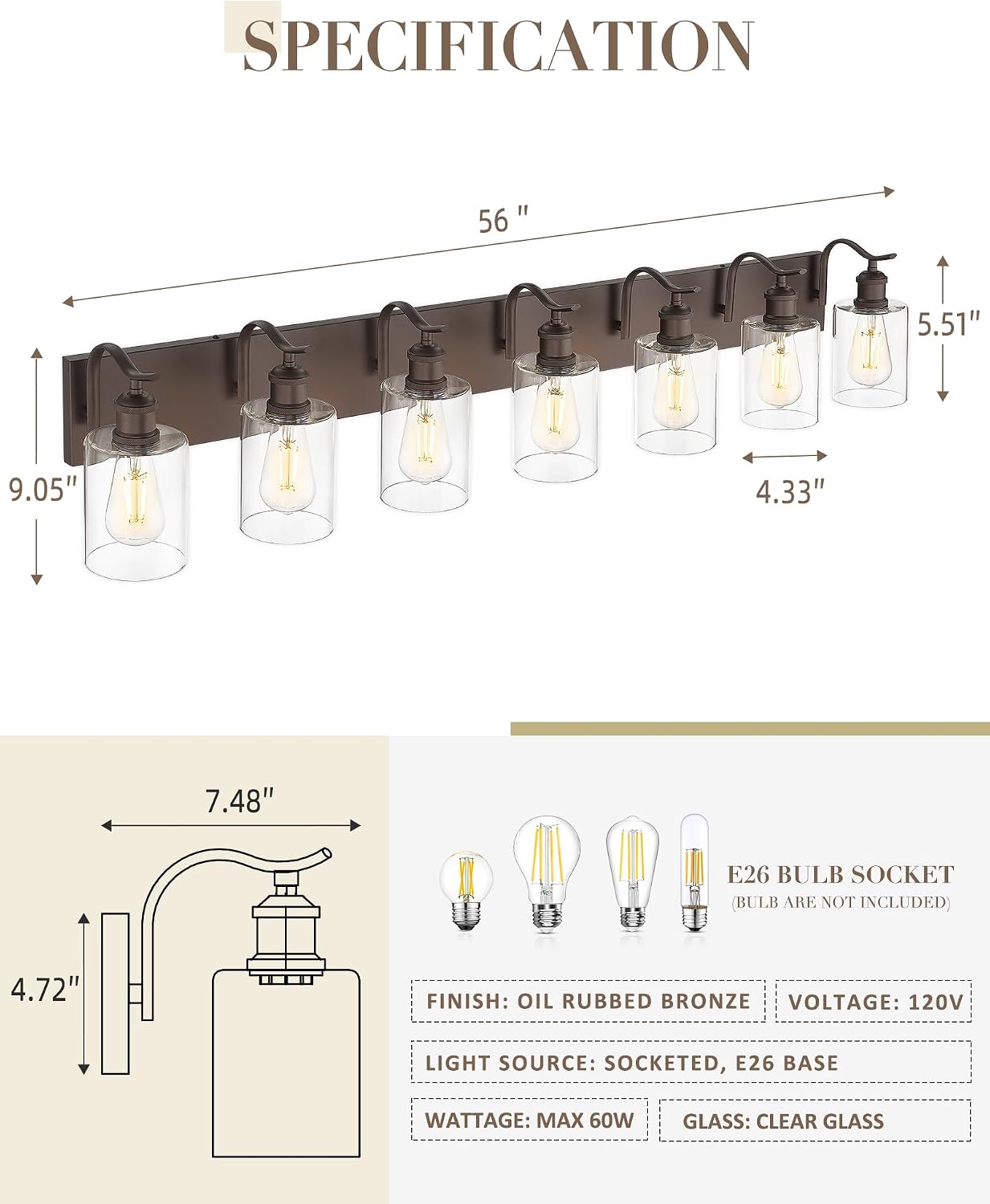 Bathroom Vanity Light Fixtures 8-Light Clear Glass Modern Wall Mounted Over Mirror Oil Rubbed Bronze - VL01ORB-8
