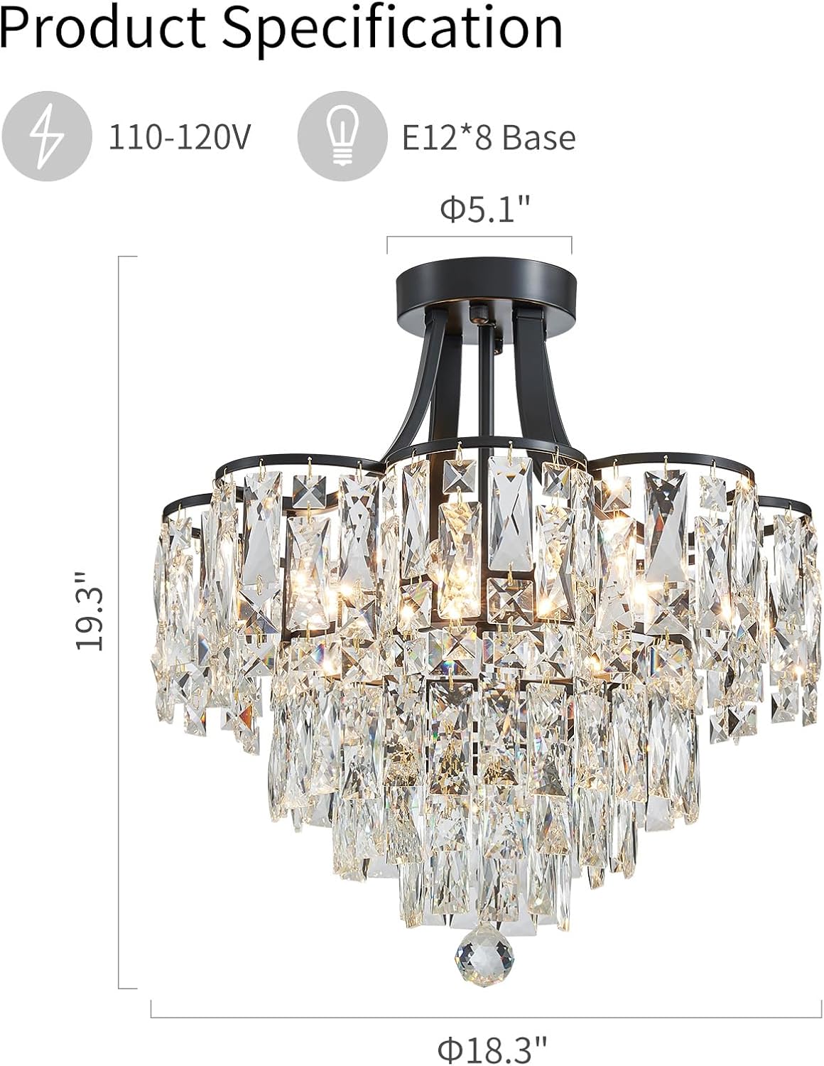 WUZUPS Crystal Chandelier Semi-Flushmount Ceiling Light Modern Lighting Fixture for Bedroom Hallway Entry Kitchen Bathroom, H 19.3' x W 18.3', E12 Base, Black