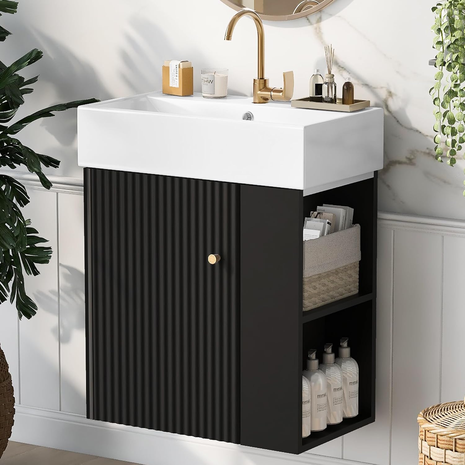 21.6-inch Bathroom Vanity with Sink, Wall-Mounted Bath Vanity Cabinet with Storage Cabinet & Right Two-Tier Shelf, Solid Wood Organizer with Ceramic Sink for Bathroom, Black