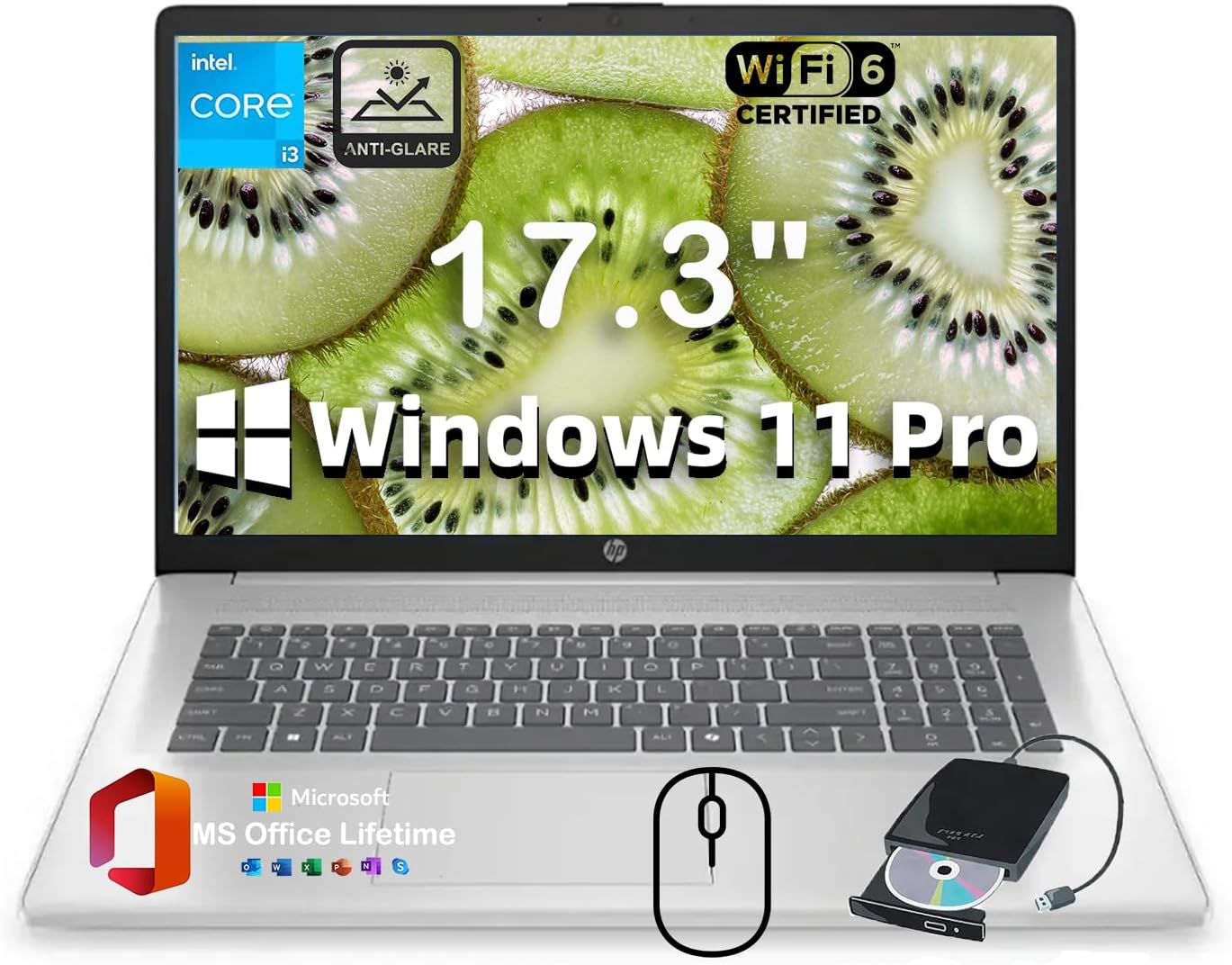 HP 2025 Laptop for Business and Students, 17.3' HD+ Anti-Glare Display, w/Office Lifetime & External DVD Drive, Intel (8-Core) i3 - N305, Win 11 Pro, Wi-Fi 6, Copilot AI, 16GB RAM, 512GB SSD