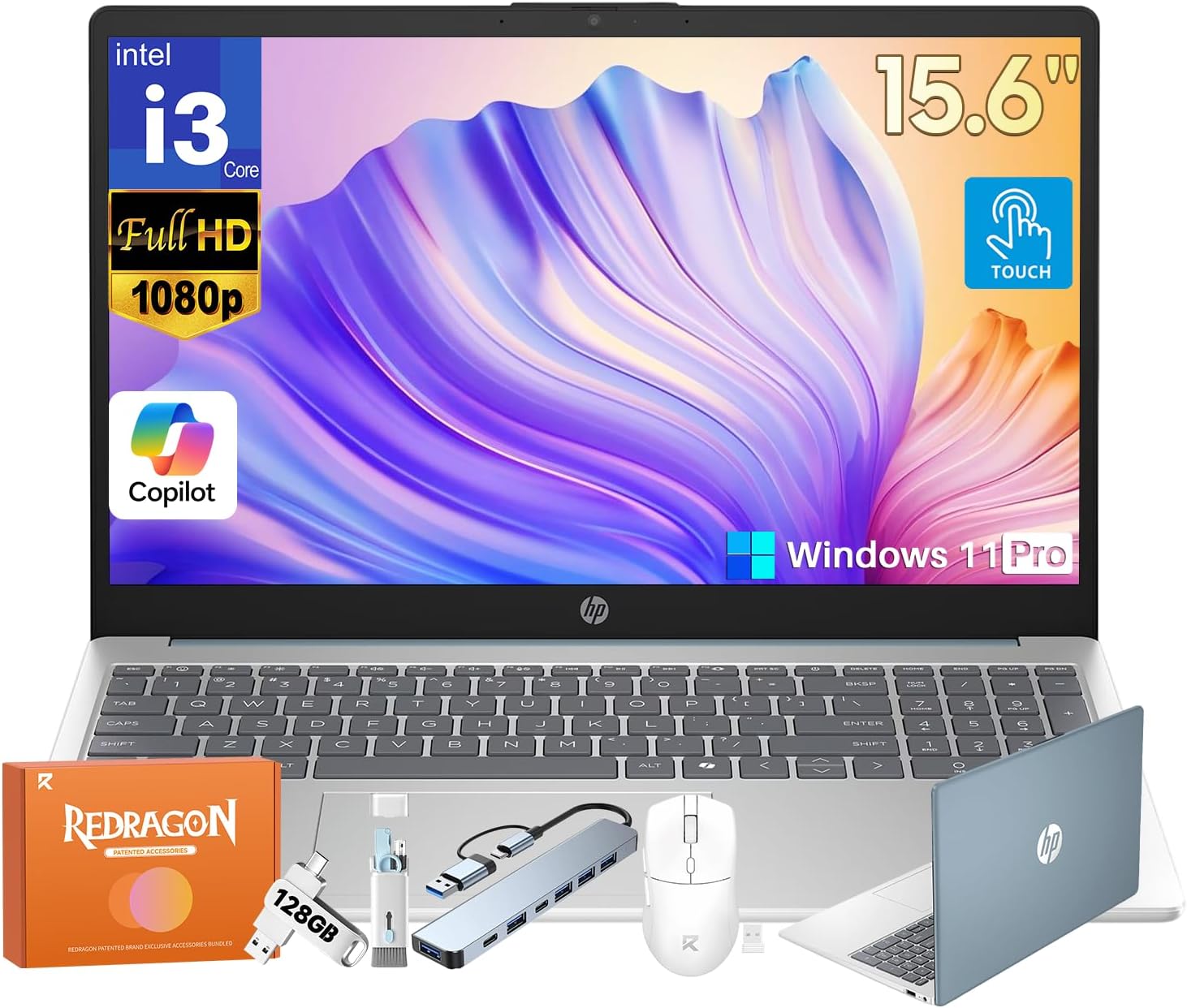 HP 15.6 Touchscreen Laptop for Student Business, Windows 11Pro, Copilot AI, 32GB RAM, 1TB SSD, Intel 8-Core i3-N305, 15.6'' FHD Anti-Glare Touchscreen, Wi-Fi 6, Long Battery Life, REDRAGON Accessories