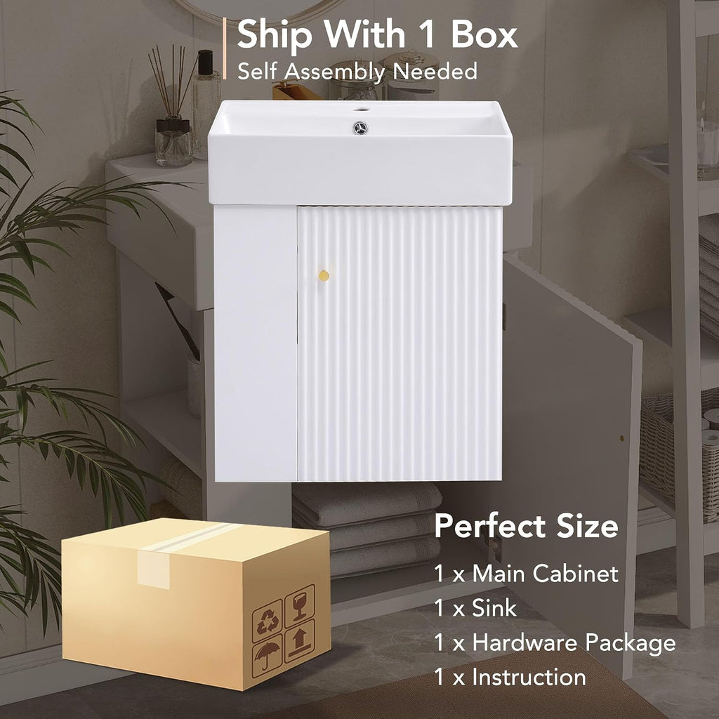 21.6-inch Bathroom Vanity with Sink, Wall-Mounted Vanity Cabinet with Storage Cabinet & Left Two-Tier Shelf, Solid Wood Bath Vanity Organizer with Ceramic Sink for Bathroom, White