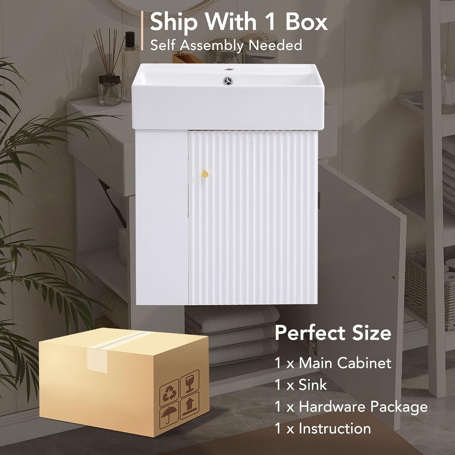 21.6-inch Bathroom Vanity with Sink, Wall-Mounted Vanity Cabinet with Storage Cabinet & Left Two-Tier Shelf, Solid Wood Bath Vanity Organizer with Ceramic Sink for Bathroom, White