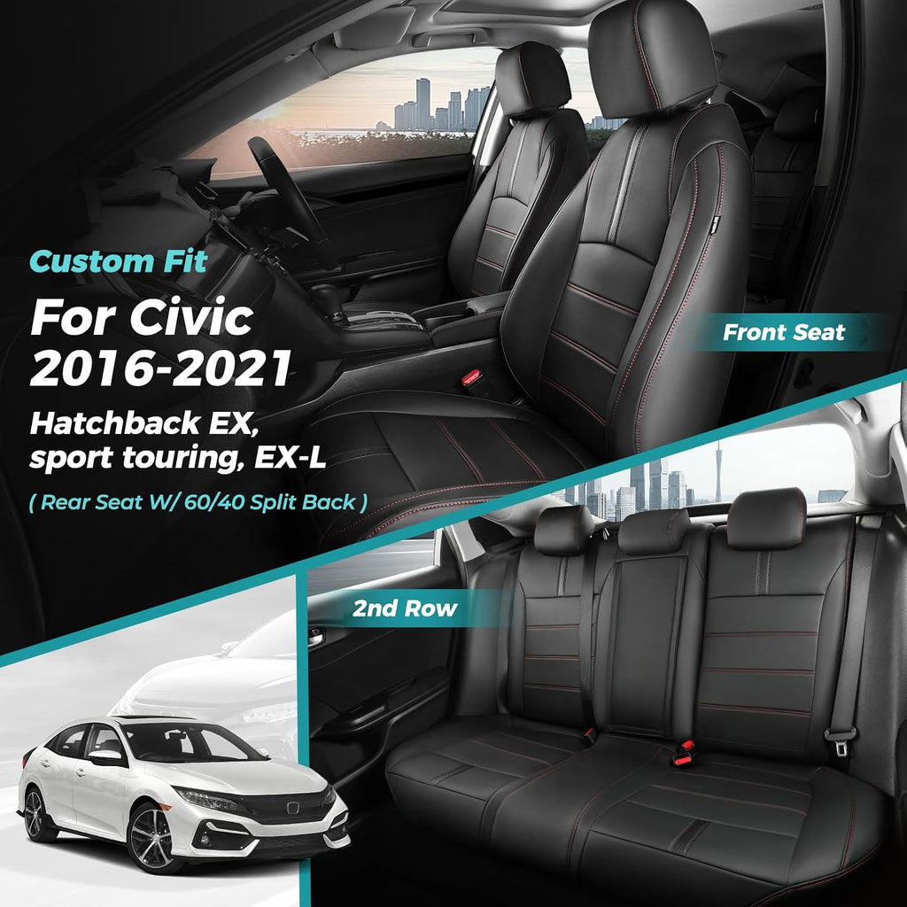 Seat Covers for Honda Civic Hatchback LX, EX, EXL, Sport, Touring, 2016-2021, Faux Leather Car Seats Cover Full Set Seatback Waterproof, Black Red line (60/40 Split Seatback)