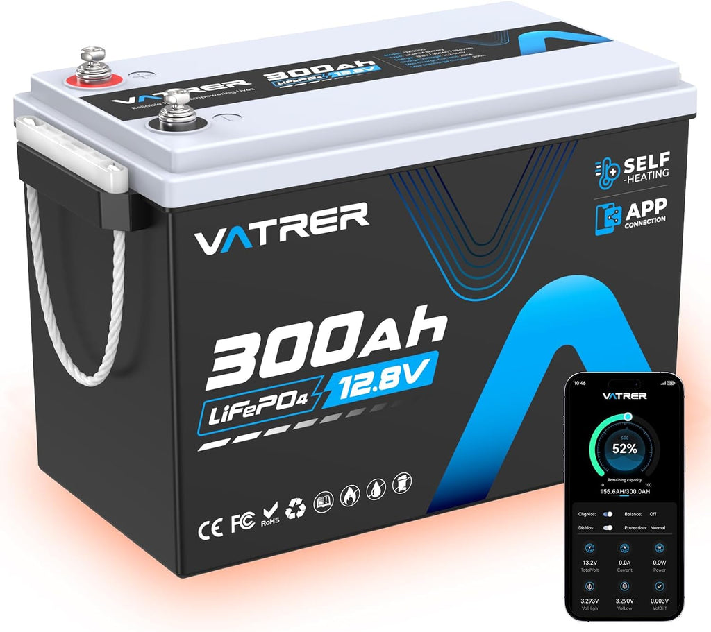 12V 300AH LiFePO4 Lithium Battery with Self-Heating&APP Monitoring, Built-in 200A BMS, Support Low Temp Charging(-4°F),5000+ Cycles, Max 2560W Power, Perfect for RV/Camper, Off-Grid Applications, etc.