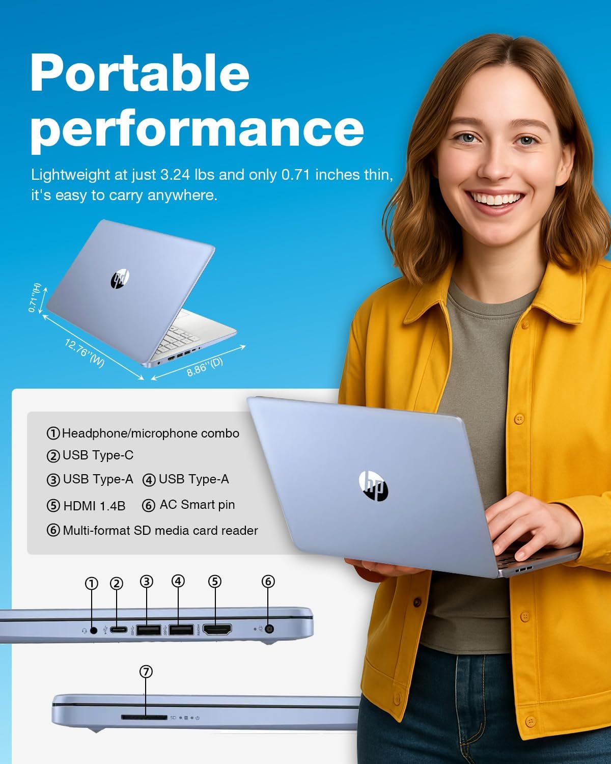 HP Slim Laptop for Business & Student - Windows 11 Pro • 1-Year Microsoft Office 365 • 14 inch HD • Intel Quad-core CPU • 16GB RAM, 128GB UFS, 256GB Micro SD • Sleek Design Portable Laptop • Sky Blue