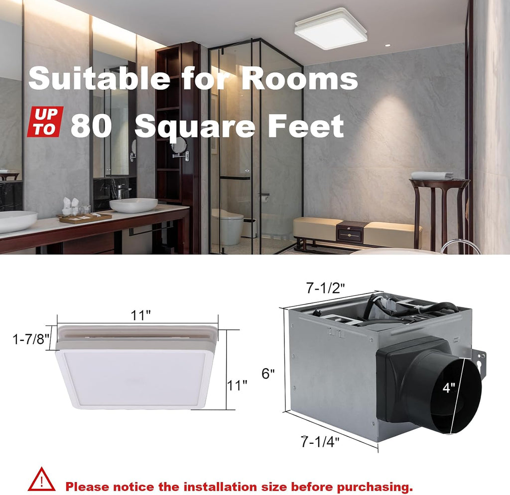 Akicon Bathroom Exhaust Fan with Light, 80CFM 2.0 Sones Powerful Bathroom Fan and Humidity Sensor Switch Combo, 3CCT LED Light and Nightlight Ventilation Fan for Home, Square, White